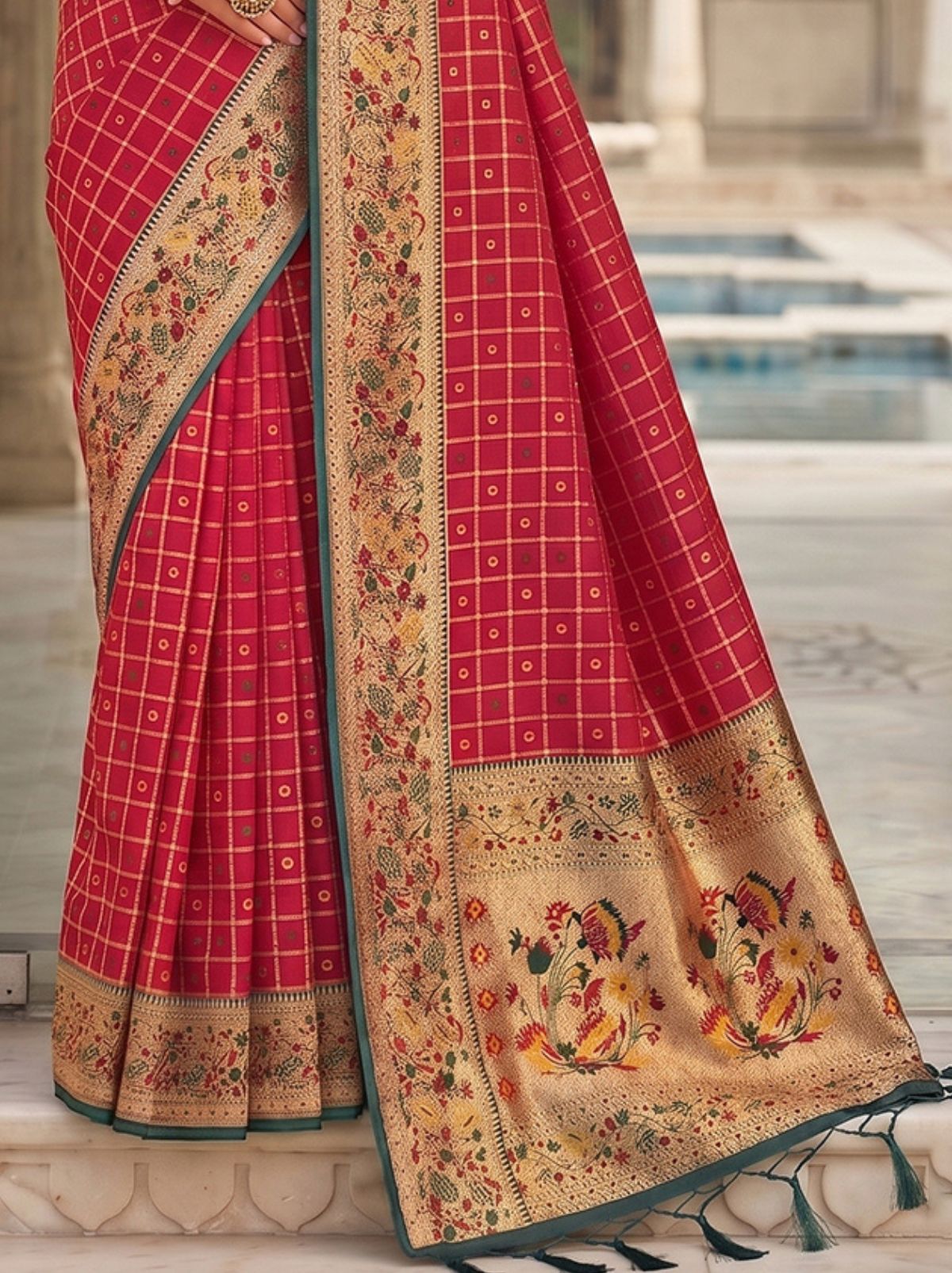 Raspberry Red Premium Banarasi Silk Saree With Tassels Work