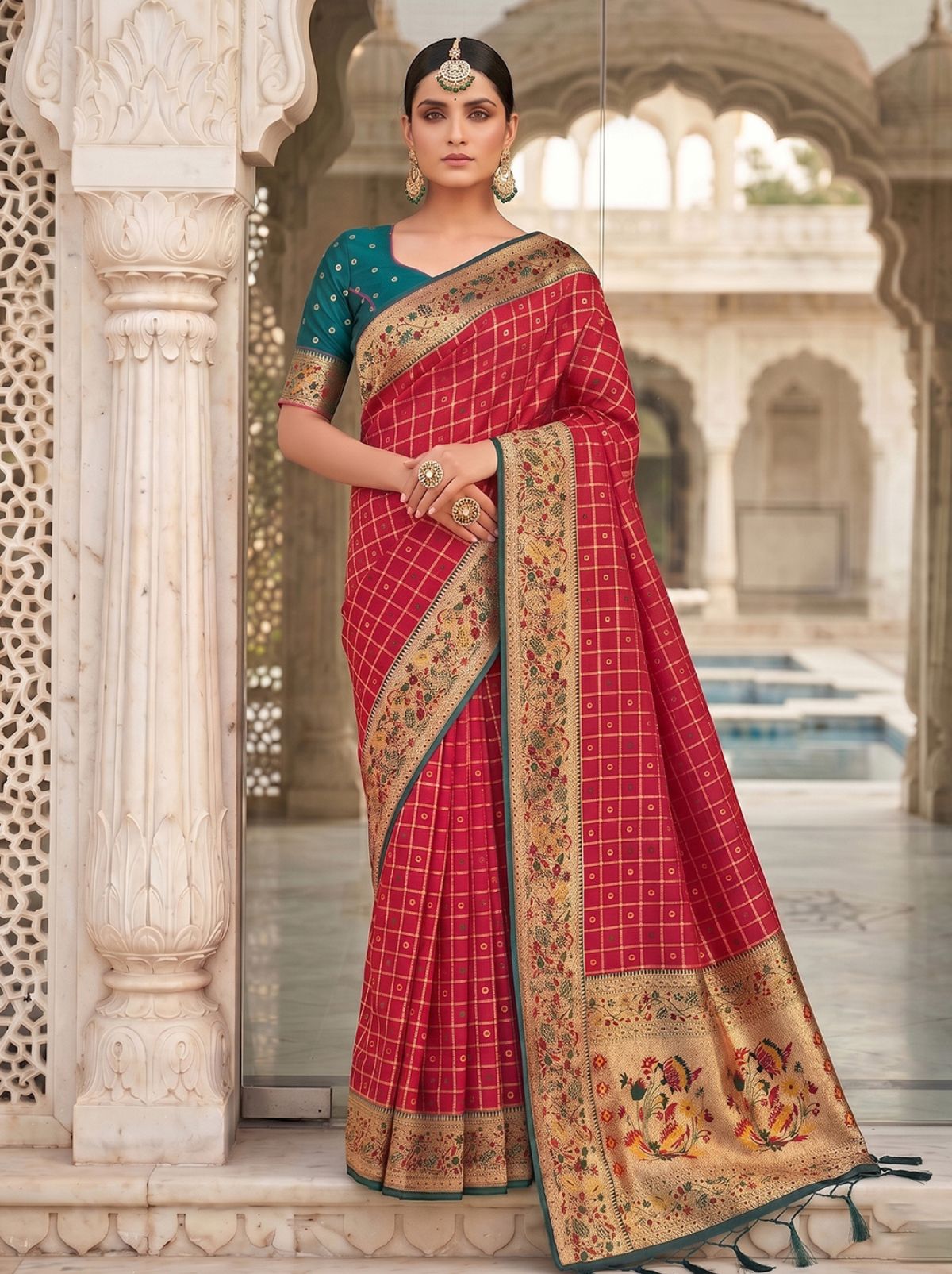 Raspberry Red Premium Banarasi Silk Saree With Tassels Work
