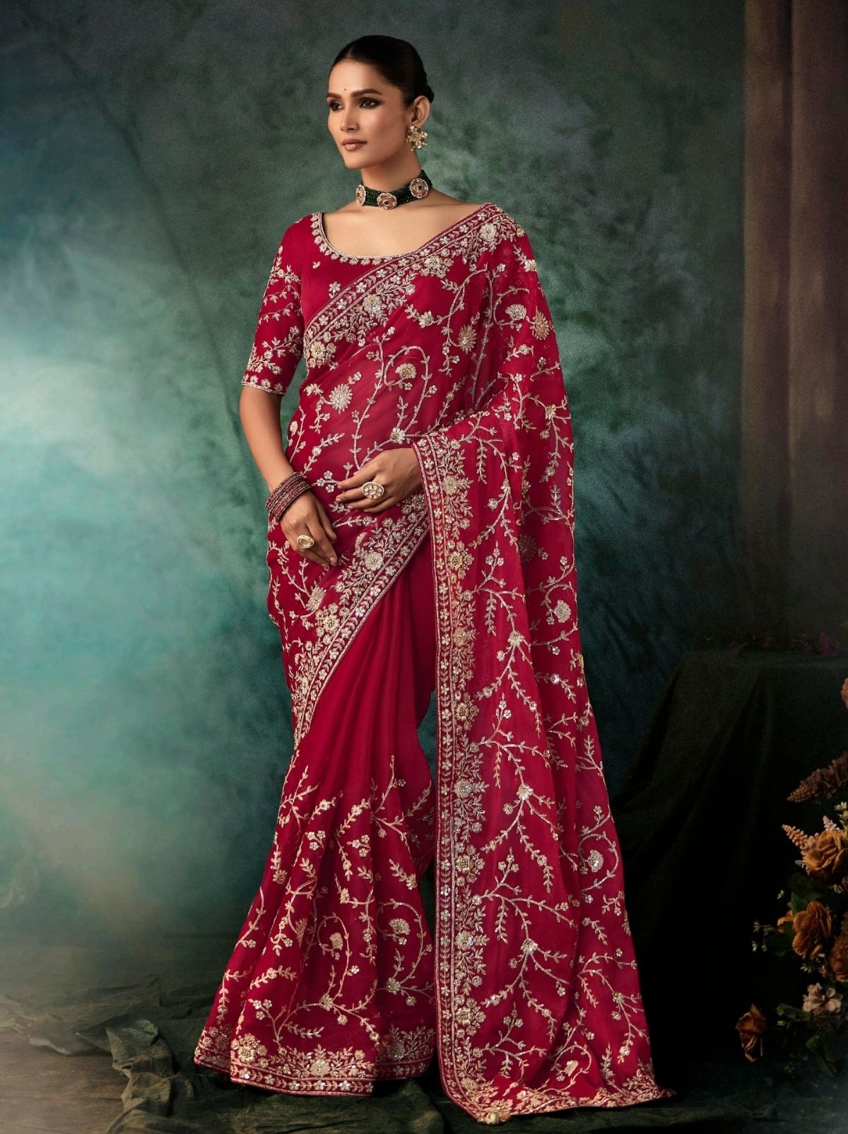 Cherry Red Premium Crepe Silk Saree With Blouse Piece