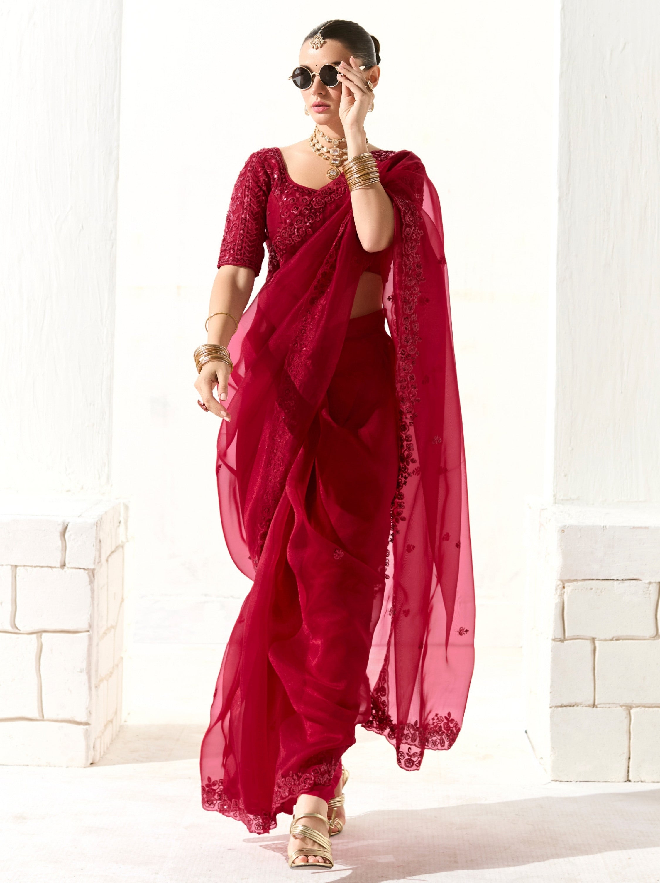 Burgundy Red Organza Tissue Fancy Designer Saree With Blouse Piece