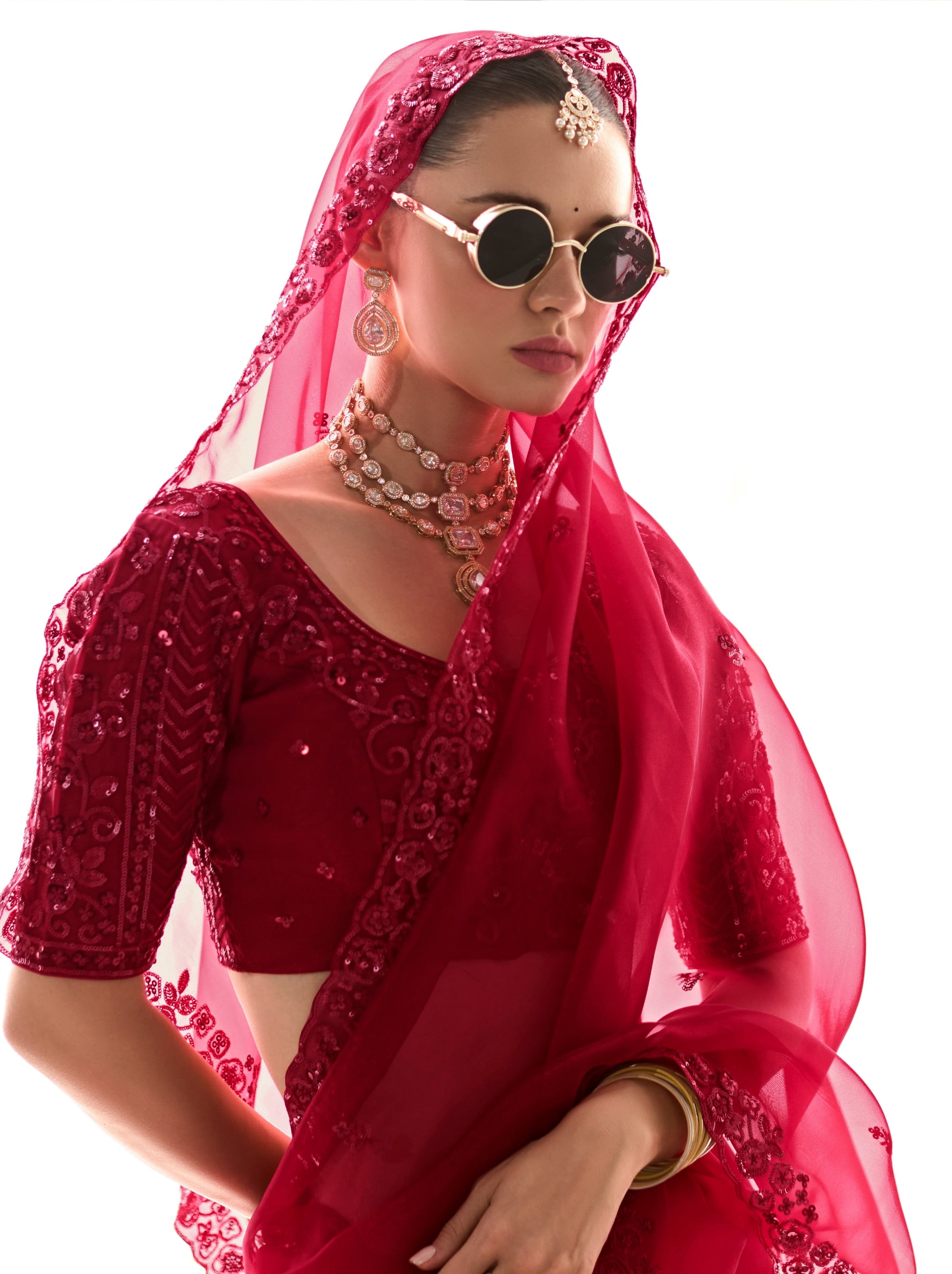 Burgundy Red Organza Tissue Fancy Designer Saree With Blouse Piece