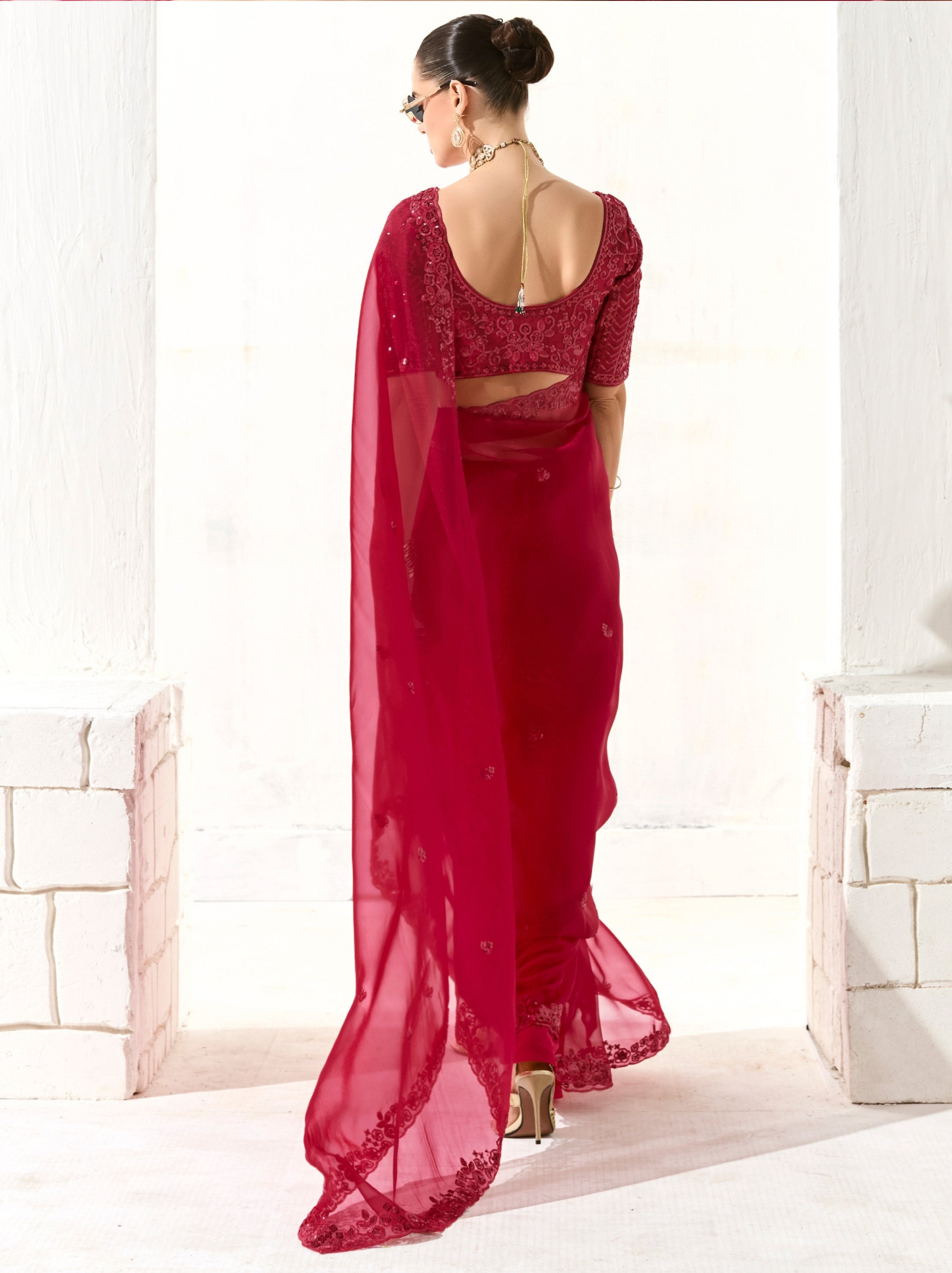 Burgundy Red Organza Tissue Fancy Designer Saree With Blouse Piece