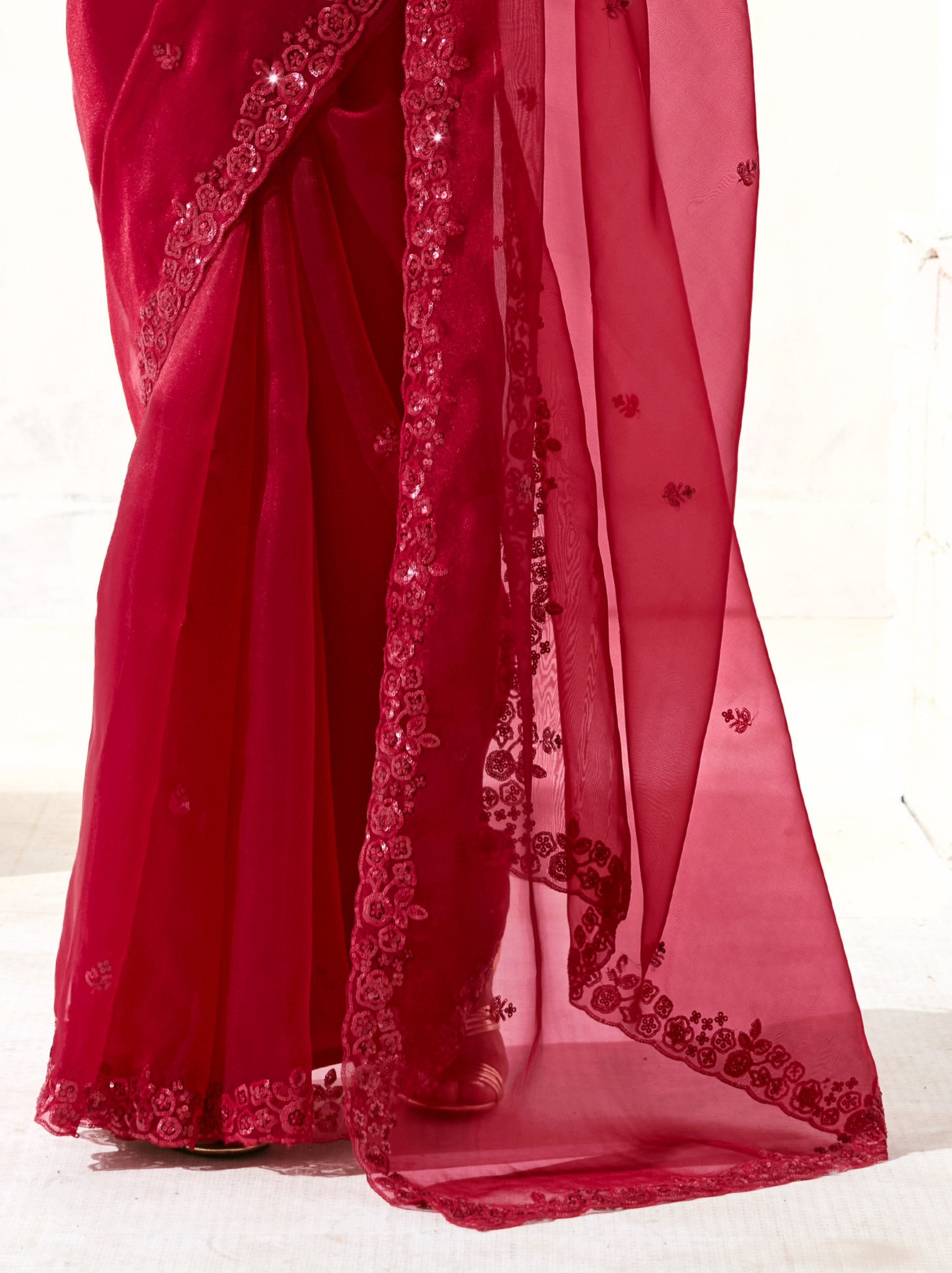 Burgundy Red Organza Tissue Fancy Designer Saree With Blouse Piece