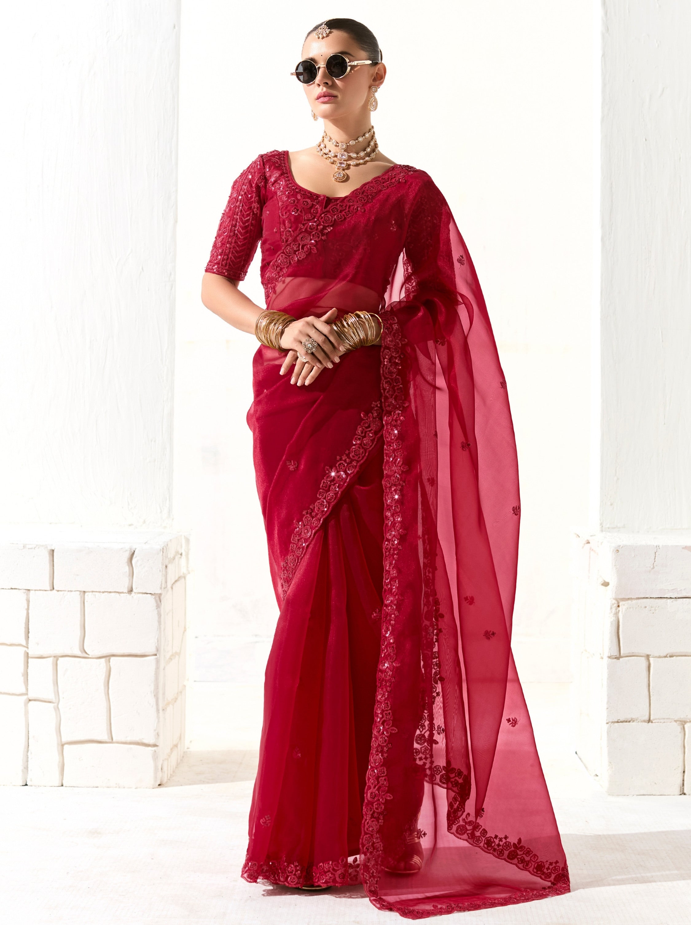 Burgundy Red Organza Tissue Fancy Designer Saree With Blouse Piece