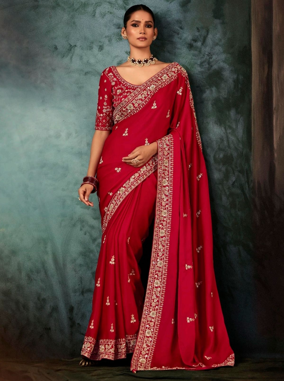 Crimson Red Premium Fancy Silk Saree With Tassels