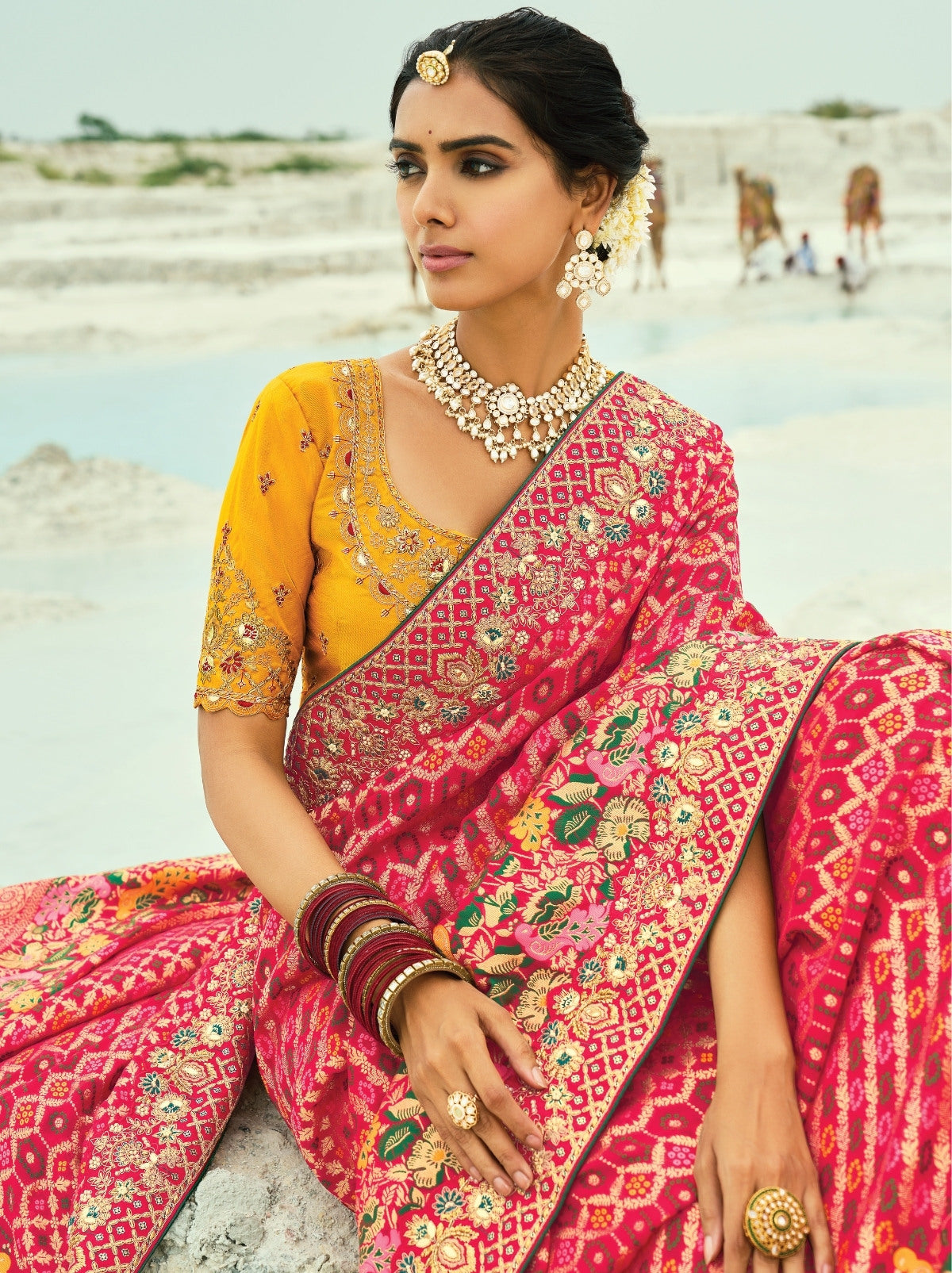 Raspberry Red Premium Georgette Wedding Saree With Bandhej Work