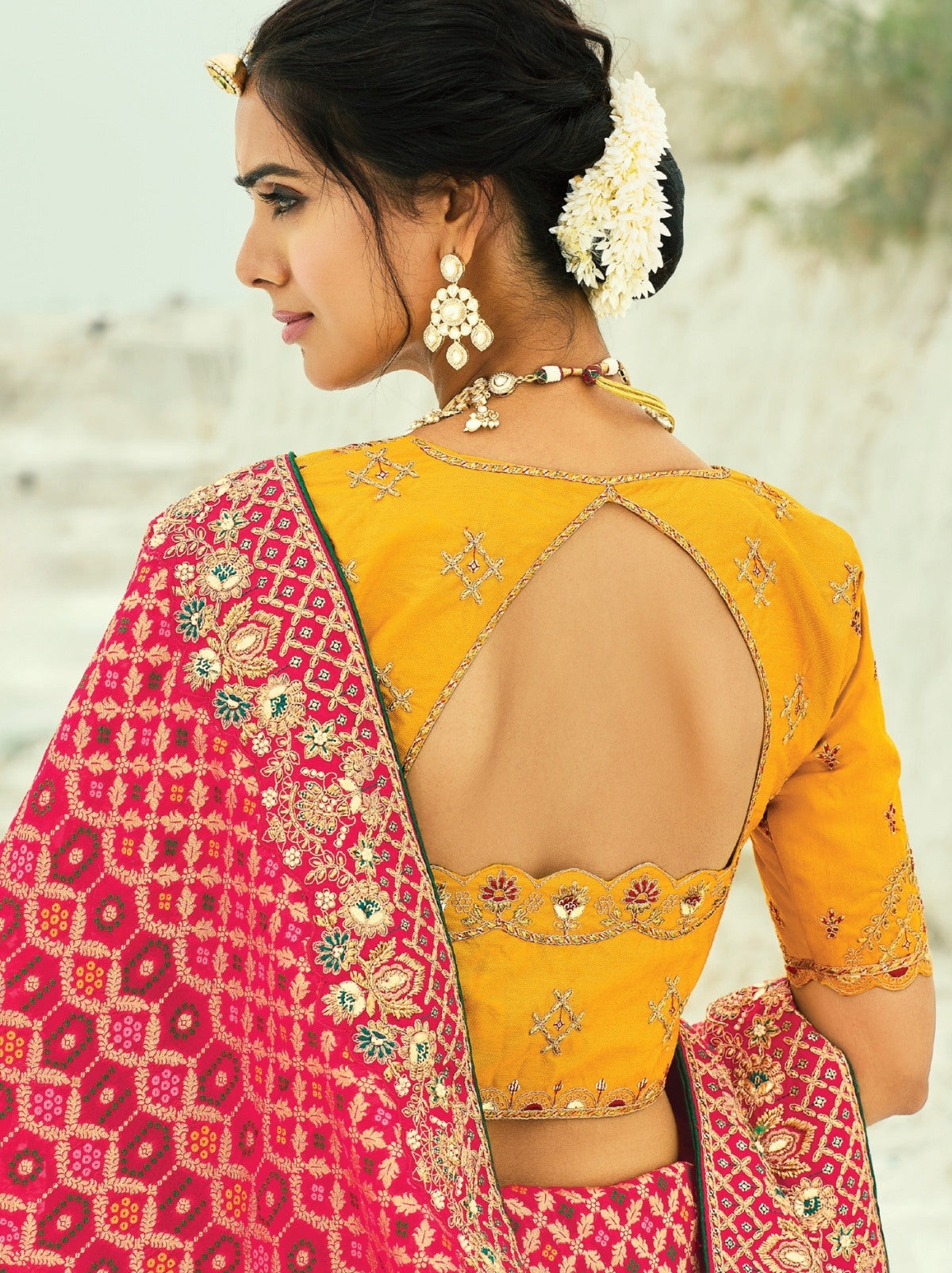 Raspberry Red Premium Georgette Wedding Saree With Bandhej Work