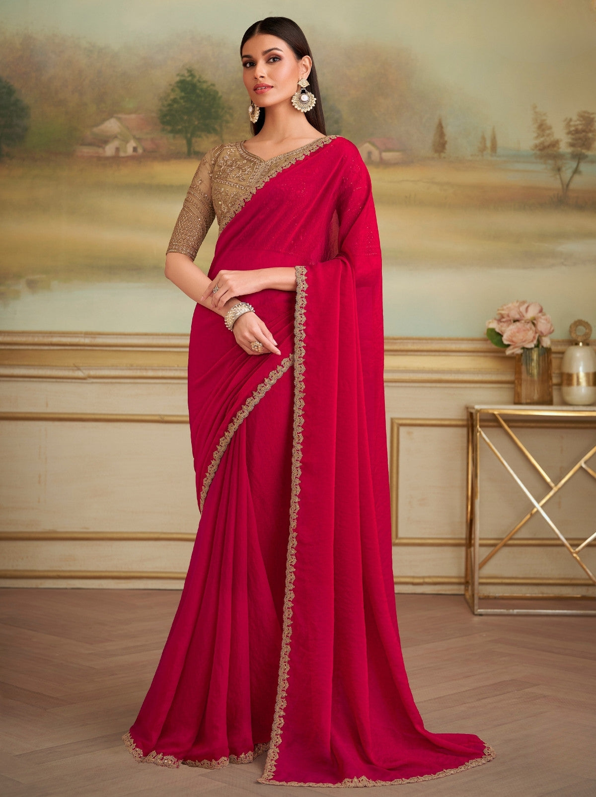 Carmine Red Premium Georgette Silk Saree For Wedding & Parties