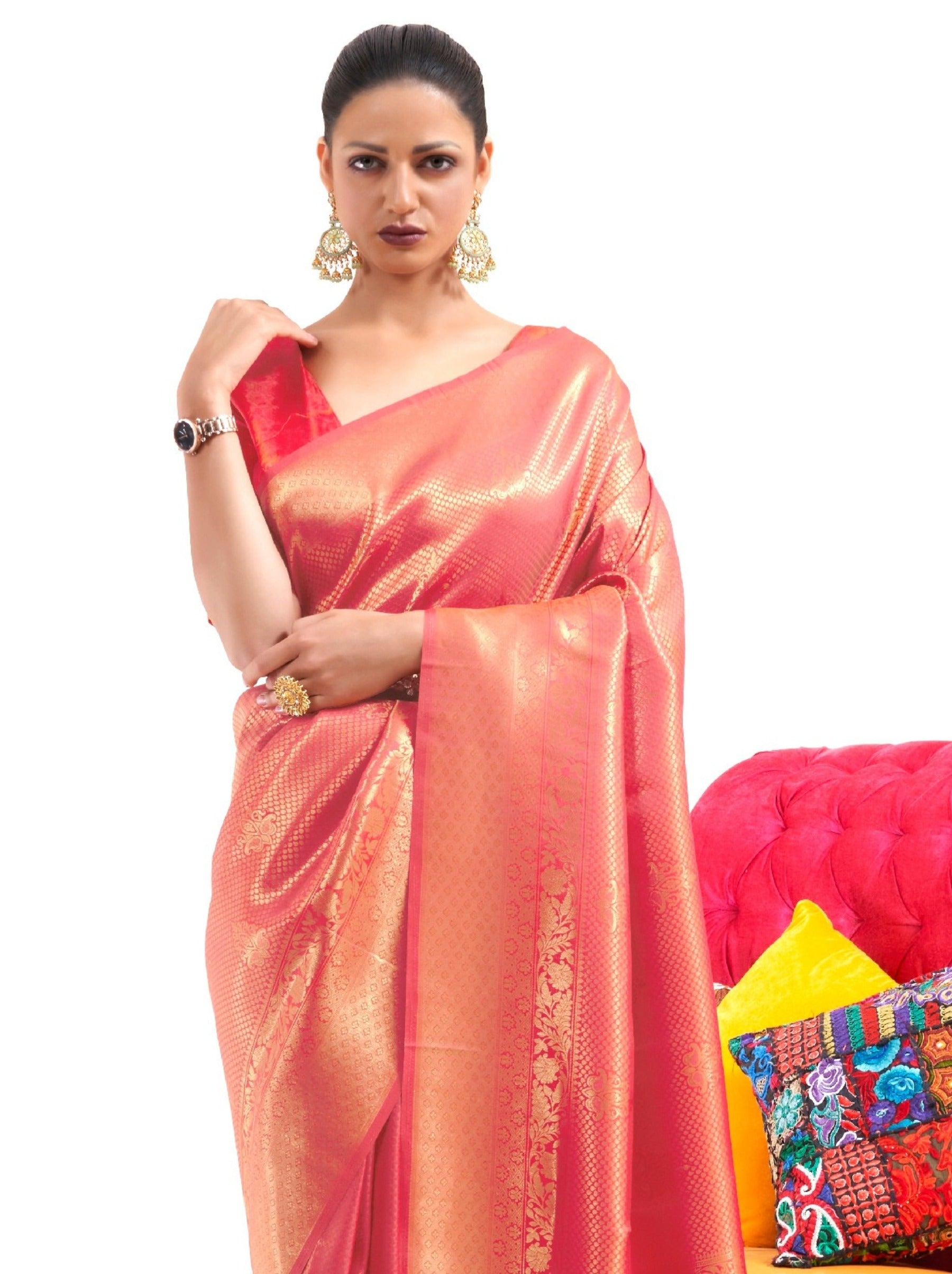 Raspberry Red Premium Kanjeevaram Silk Wedding Saree - TrendOye
