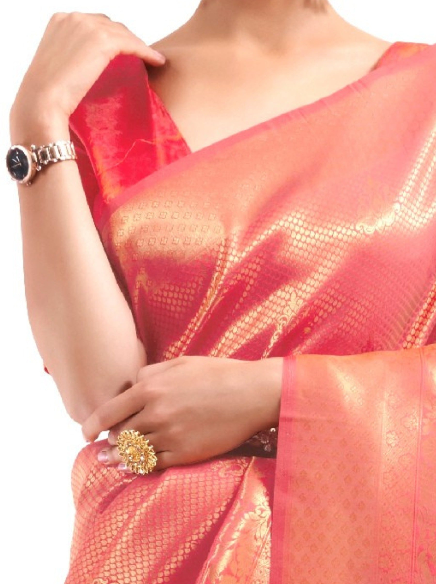 Raspberry Red Premium Kanjeevaram Silk Wedding Saree - TrendOye