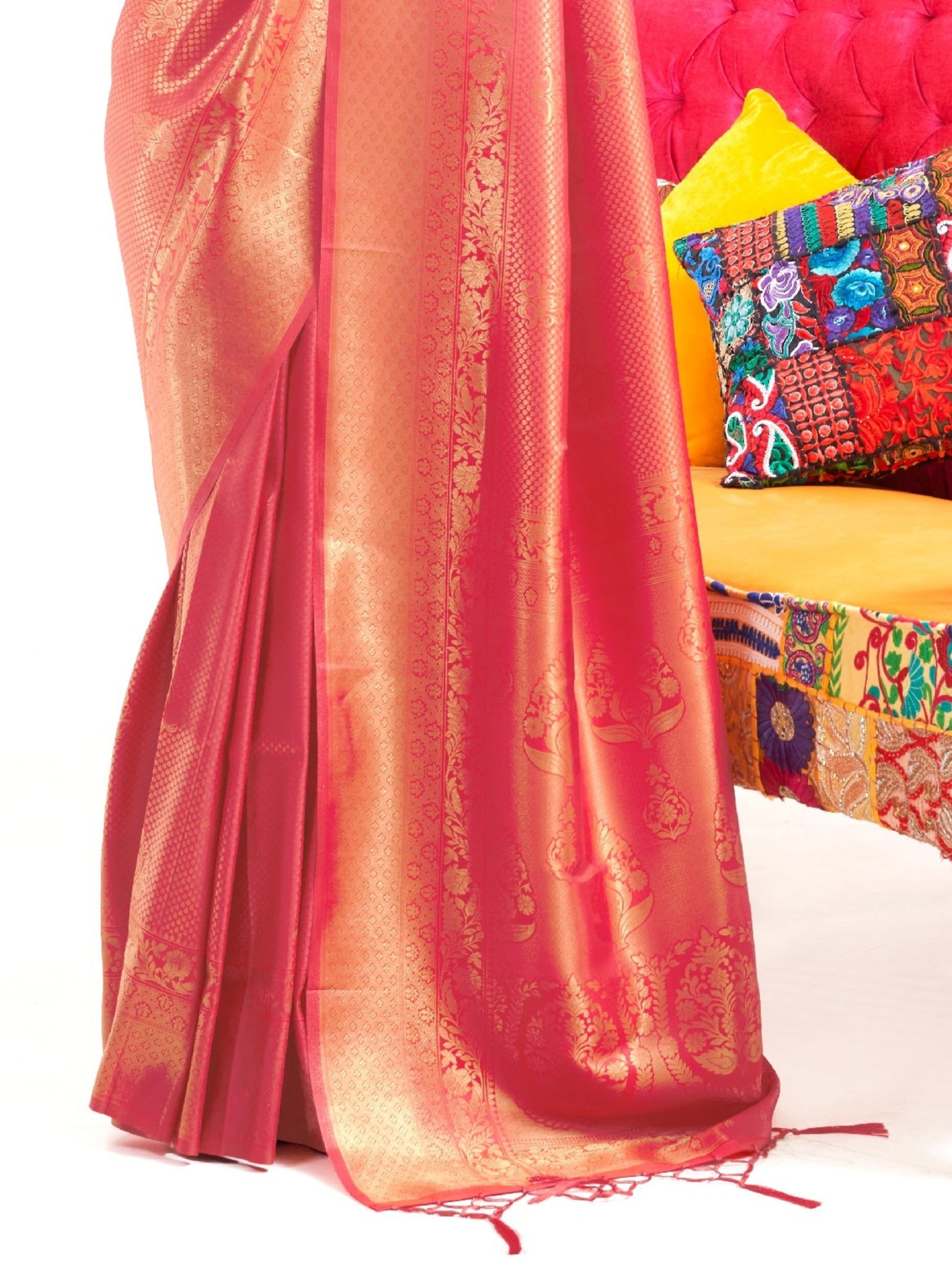 Raspberry Red Premium Kanjeevaram Silk Wedding Saree - TrendOye