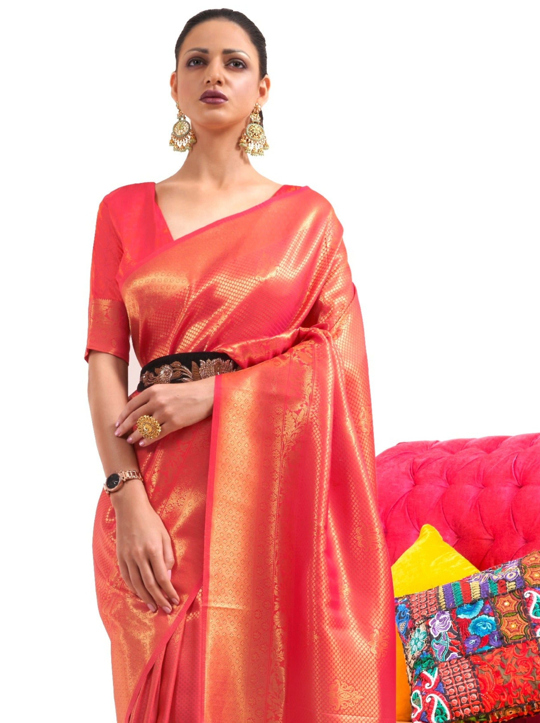 Persian Red Premium Kanjeevaram Silk Wedding Saree - TrendOye