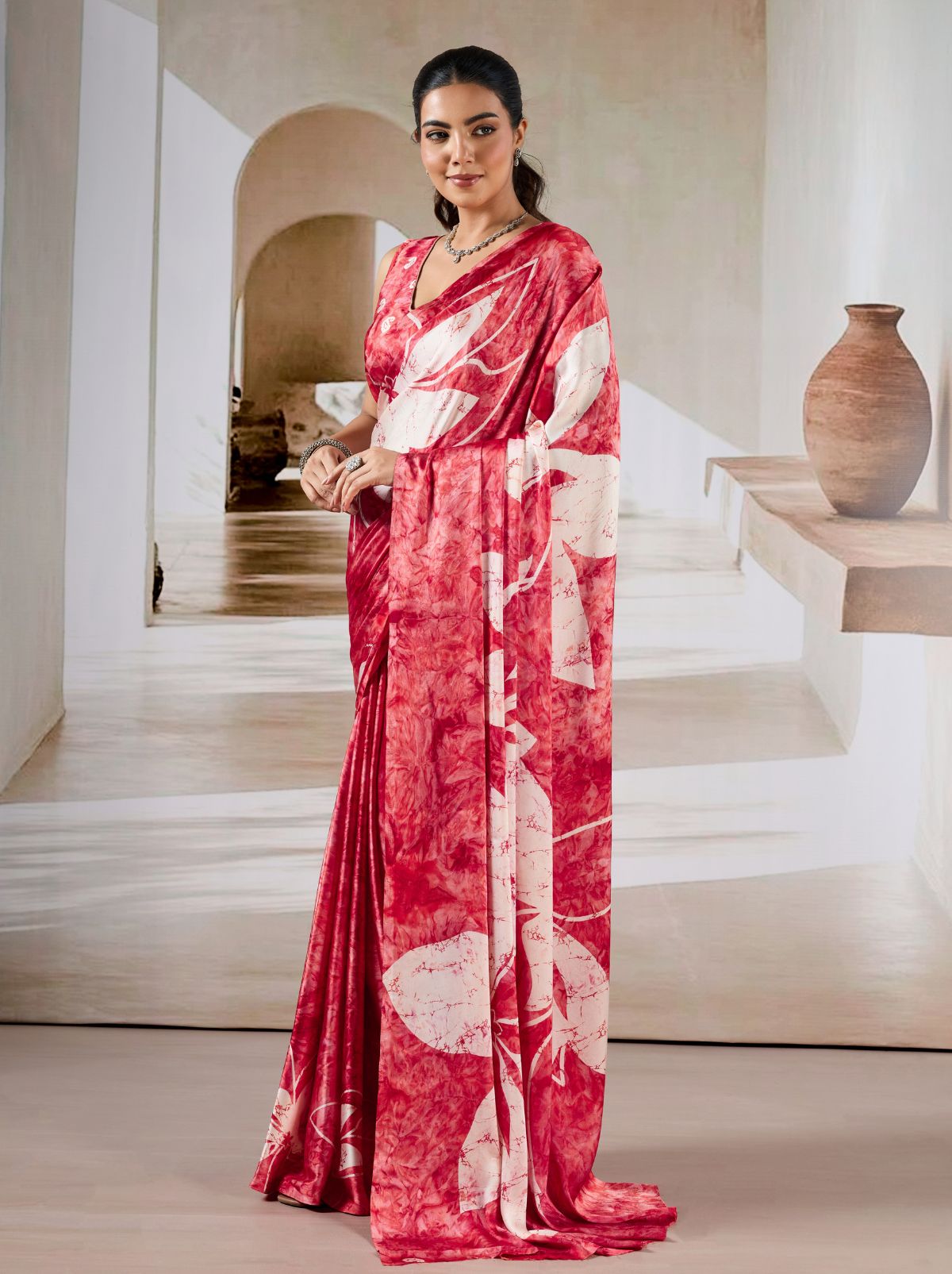 Raspberry Red Premium Modal Satin Silk Saree - TrendOye