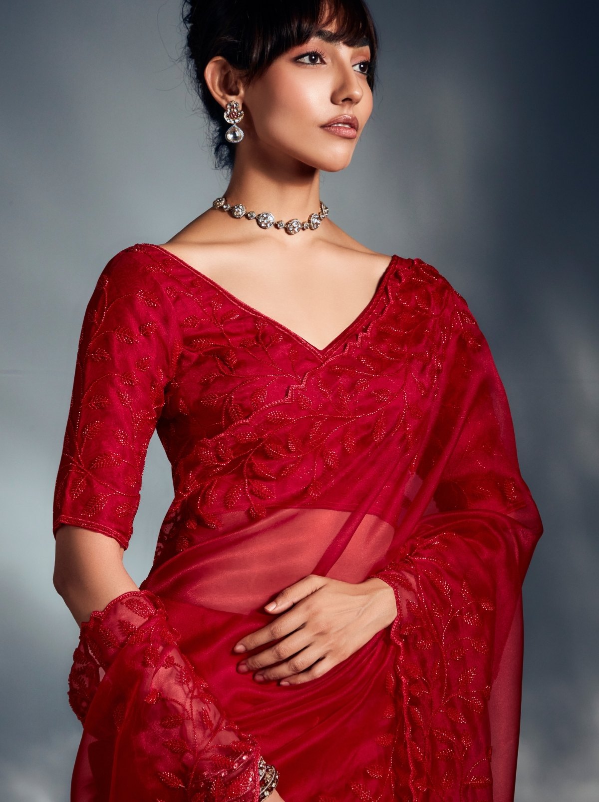 Crimson Red Tissue Organza Wedding Saree With Blouse Piece