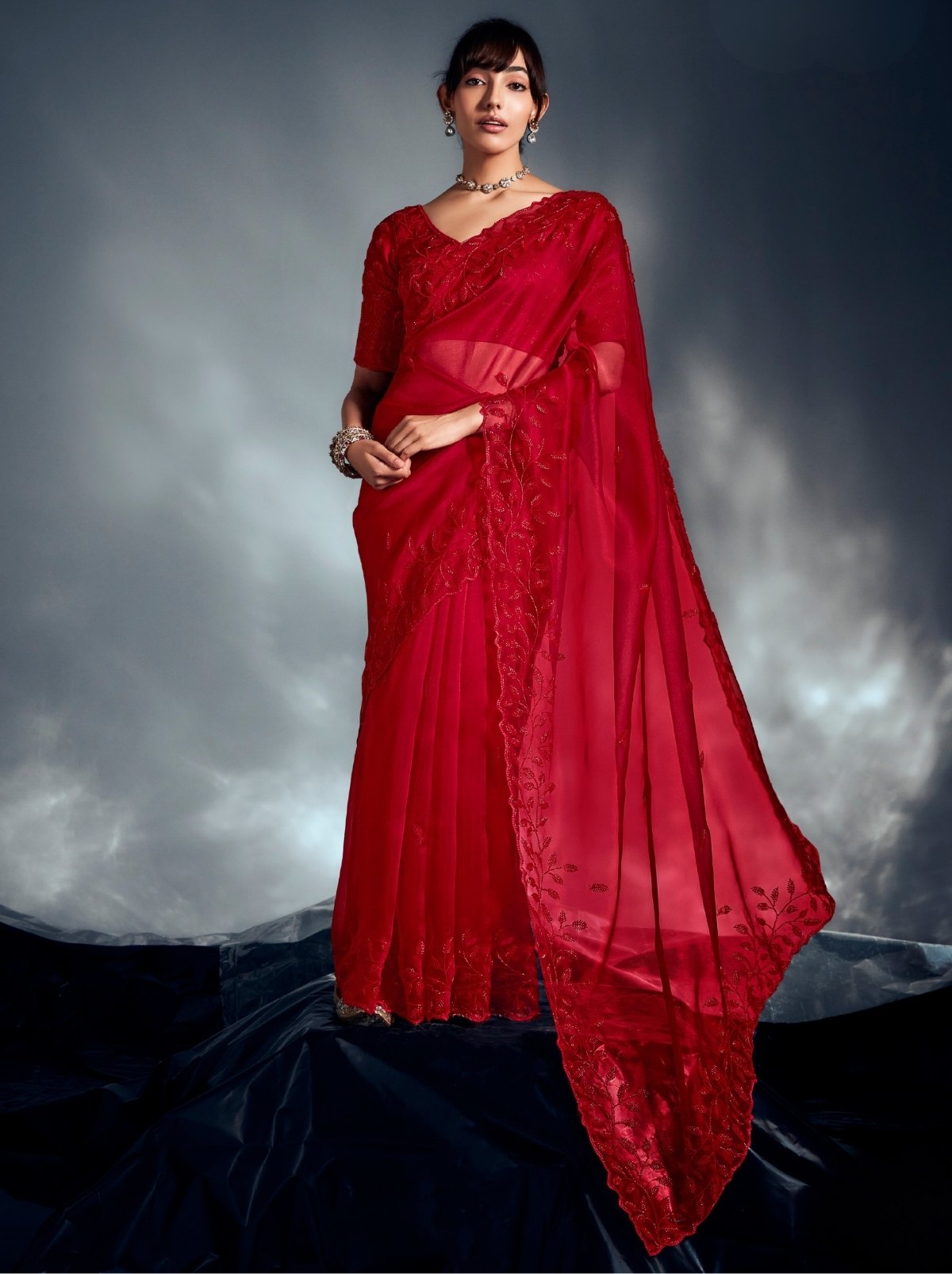 Crimson Red Tissue Organza Wedding Saree With Blouse Piece