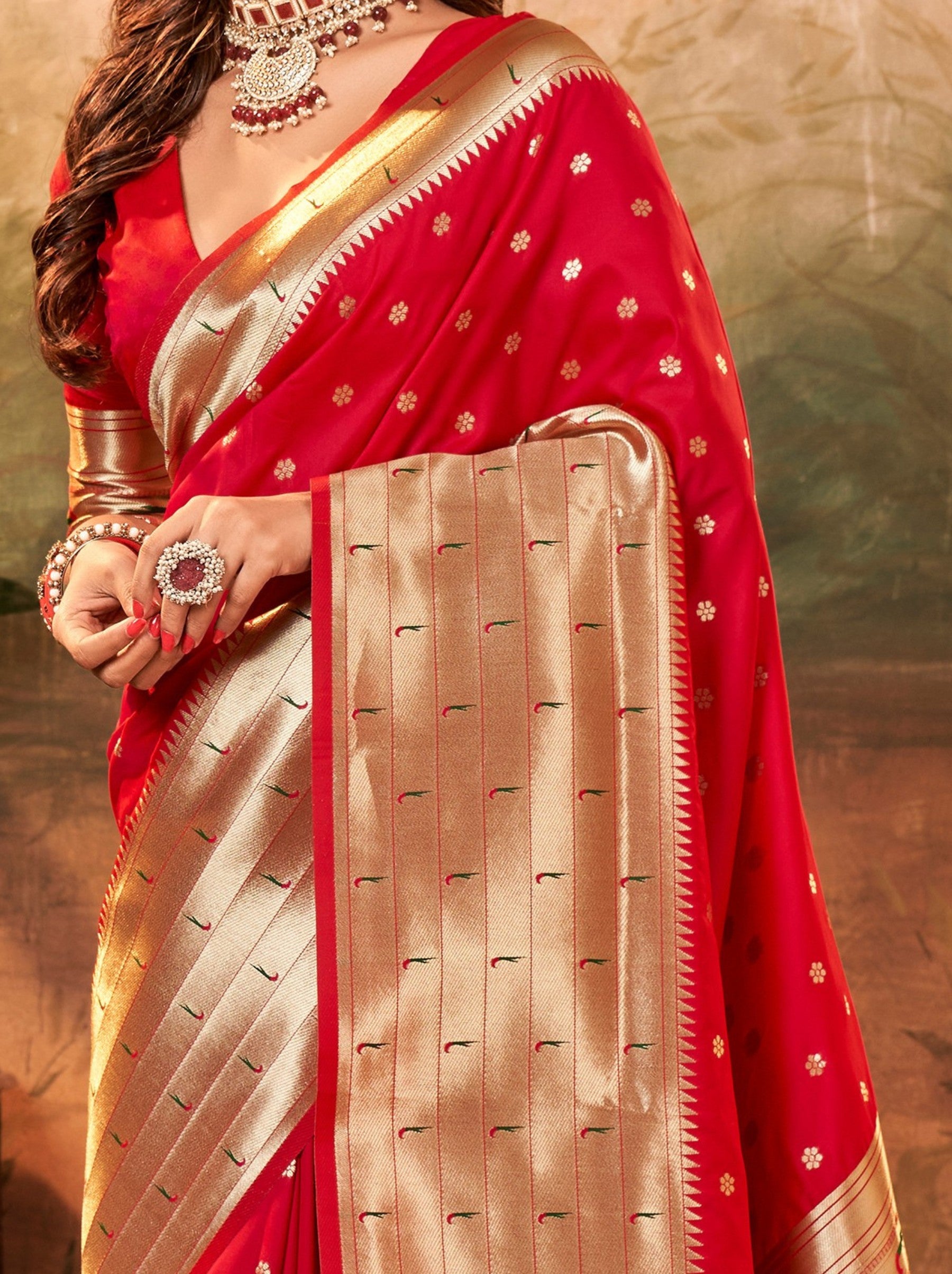 Scarlet Red Gorgeous Paithani Silk Wedding Saree - TrendOye