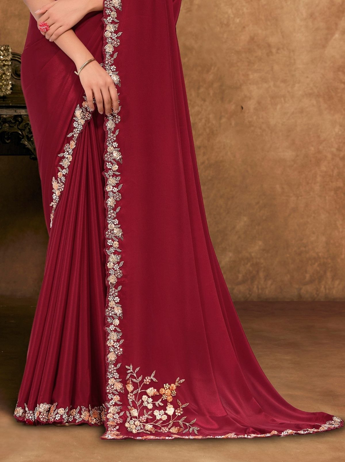 Burgundy Red Premium Reception Wear Saree With Unstitched Blouse