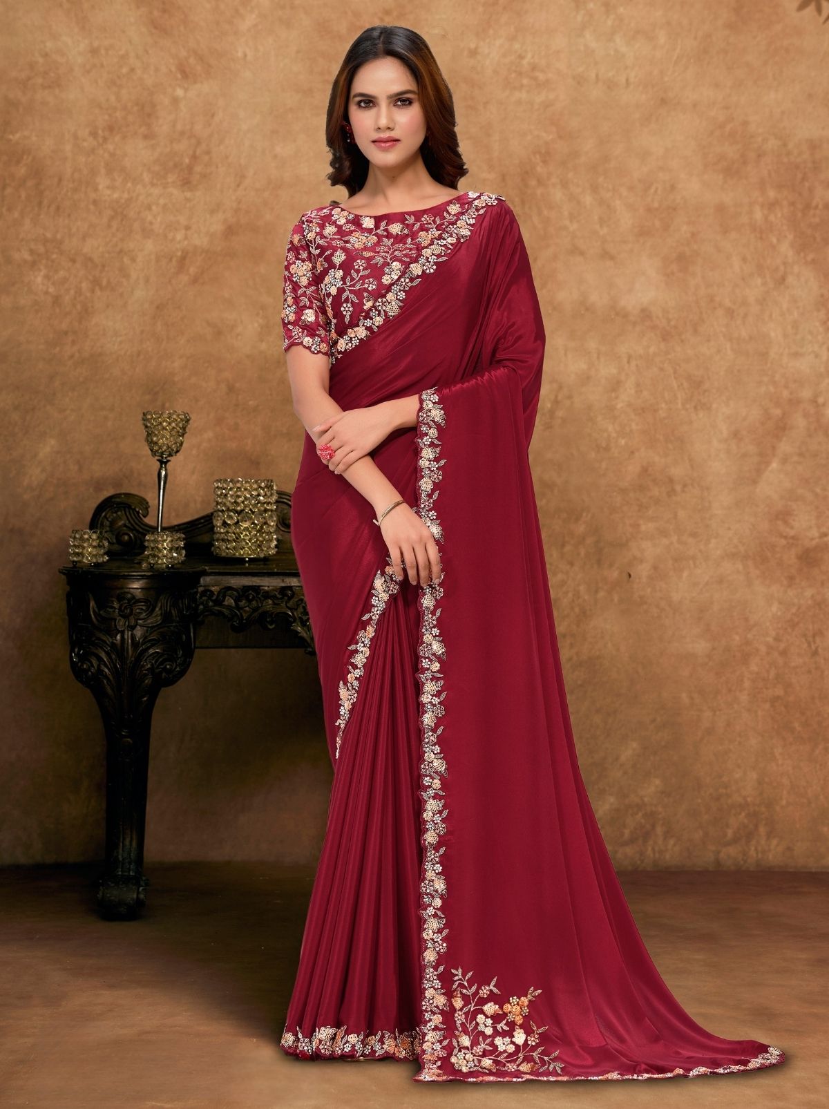 Burgundy Red Premium Reception Wear Saree With Unstitched Blouse
