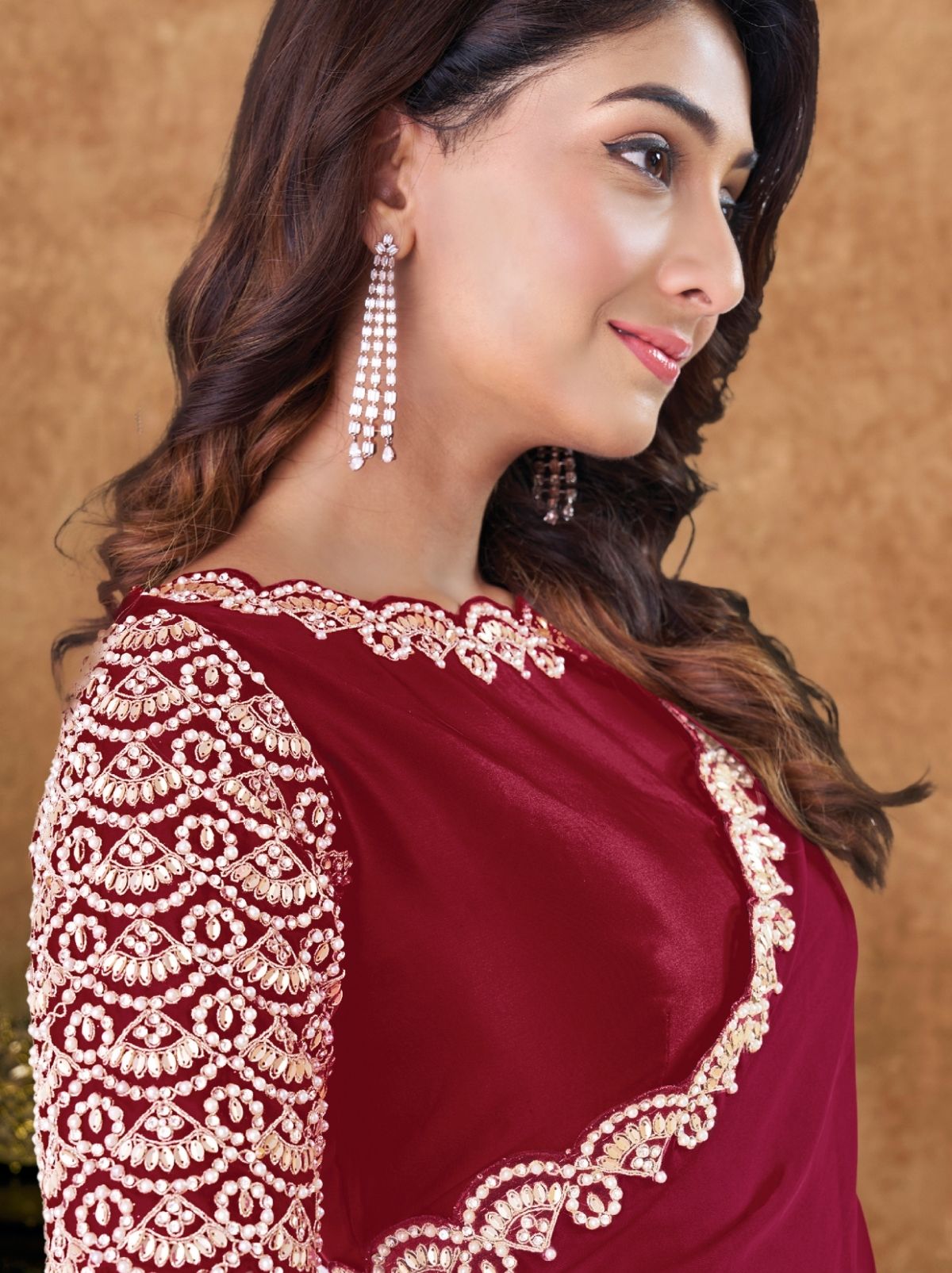 Carmine Red Premium Reception Wear Saree With Unstitched Blouse