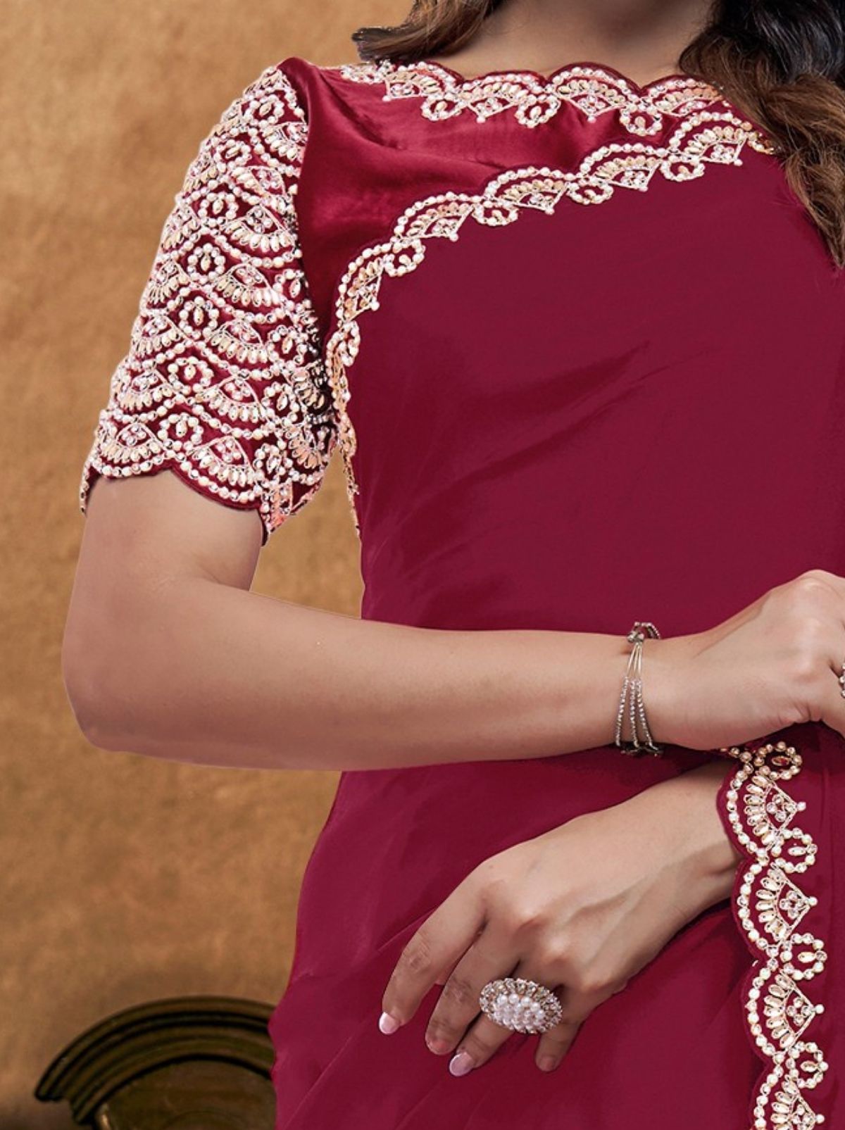 Carmine Red Premium Reception Wear Saree With Unstitched Blouse