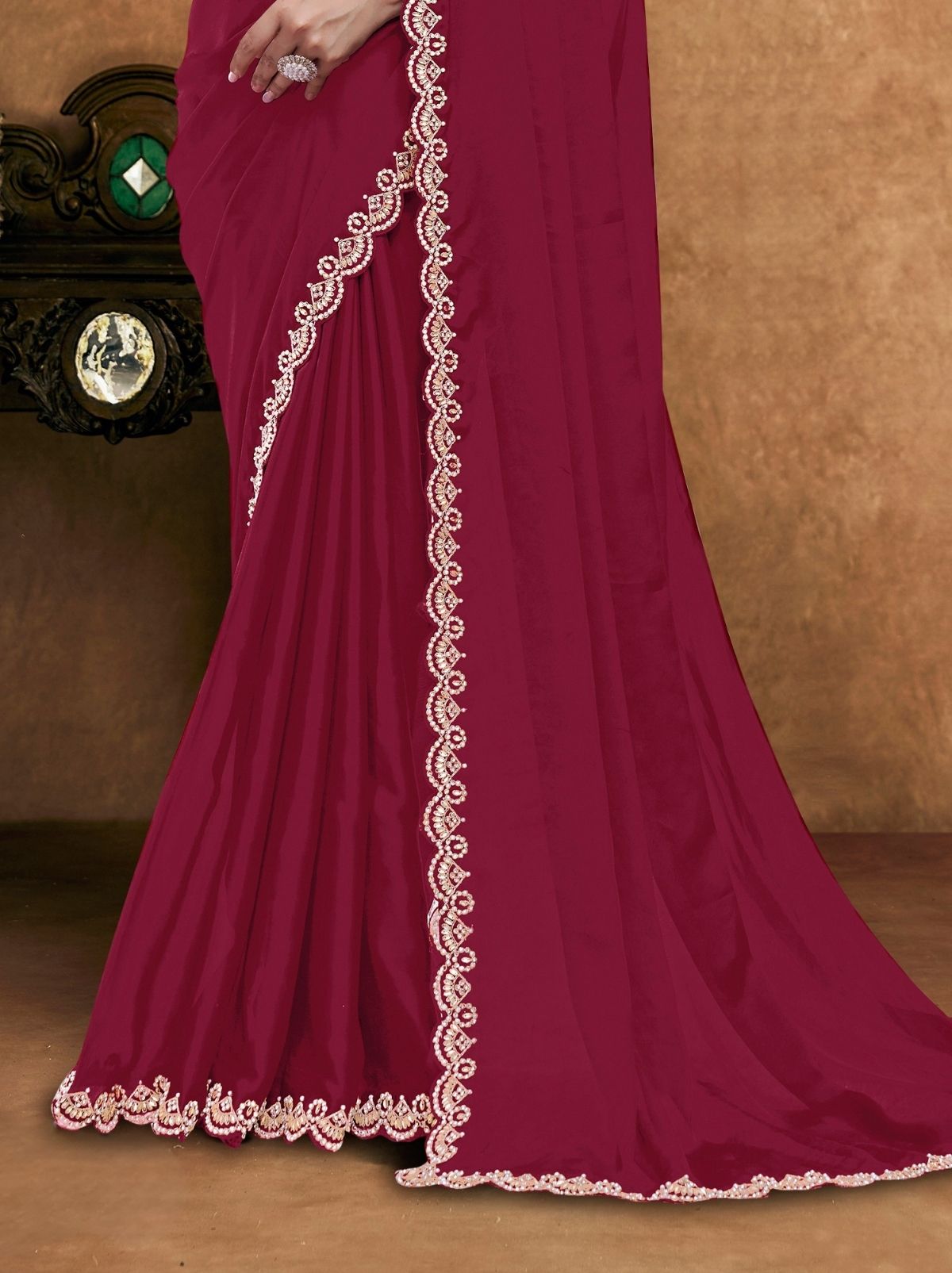 Carmine Red Premium Reception Wear Saree With Unstitched Blouse