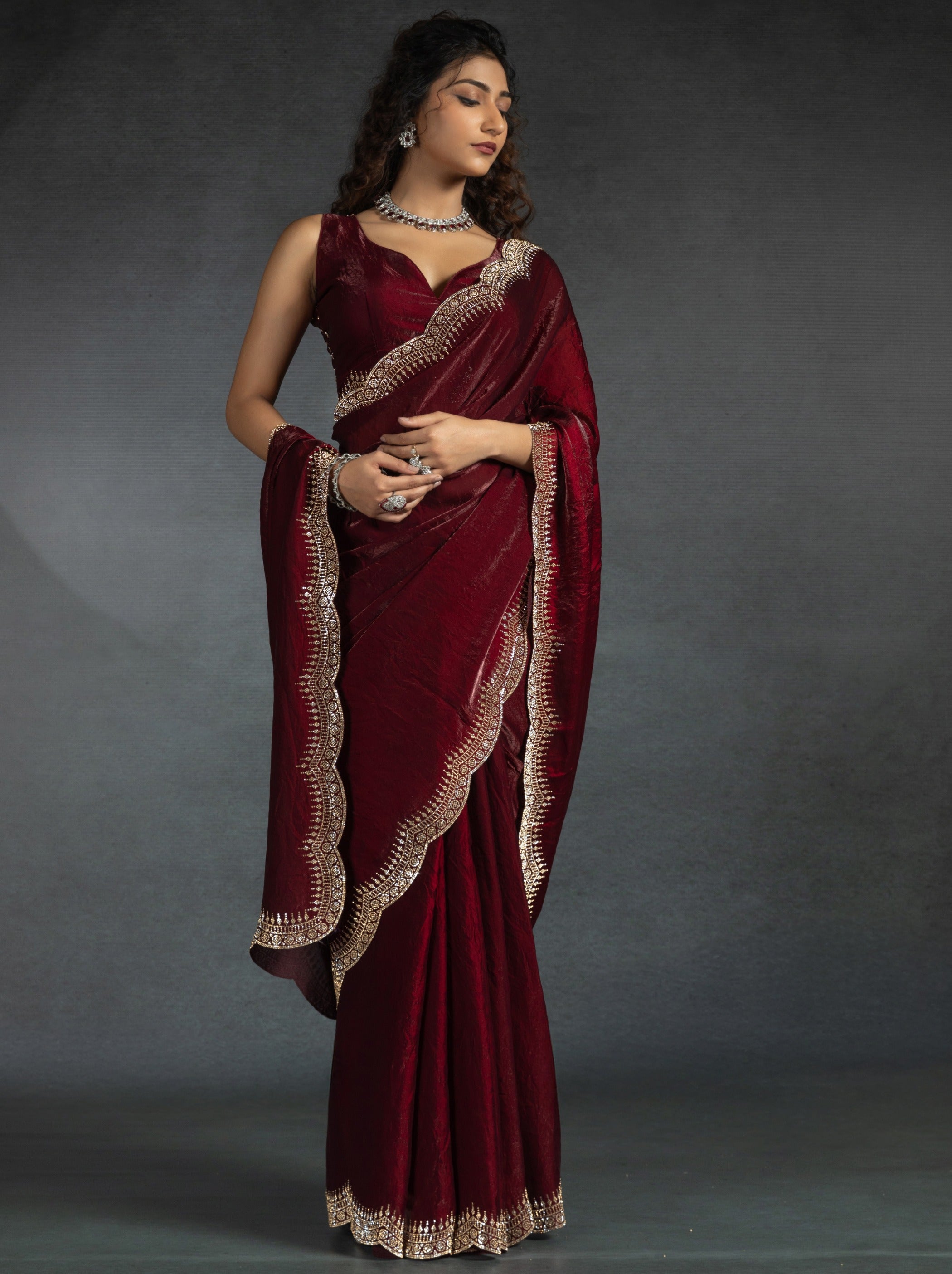 Mahogany Red Satin Silk Party Saree Embellished With Zircon Handwork On Border