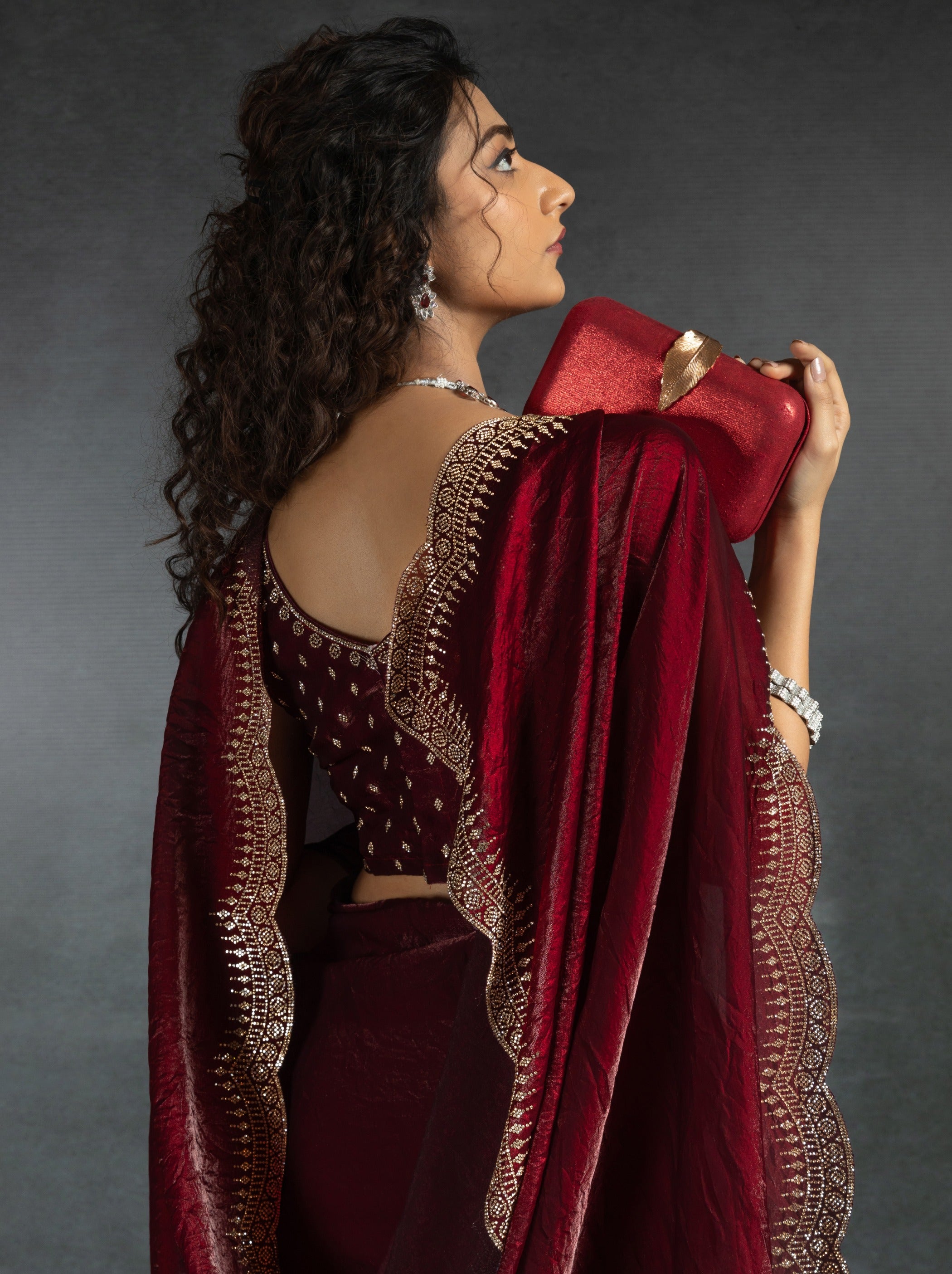 Mahogany Red Satin Silk Party Saree Embellished With Zircon Handwork On Border