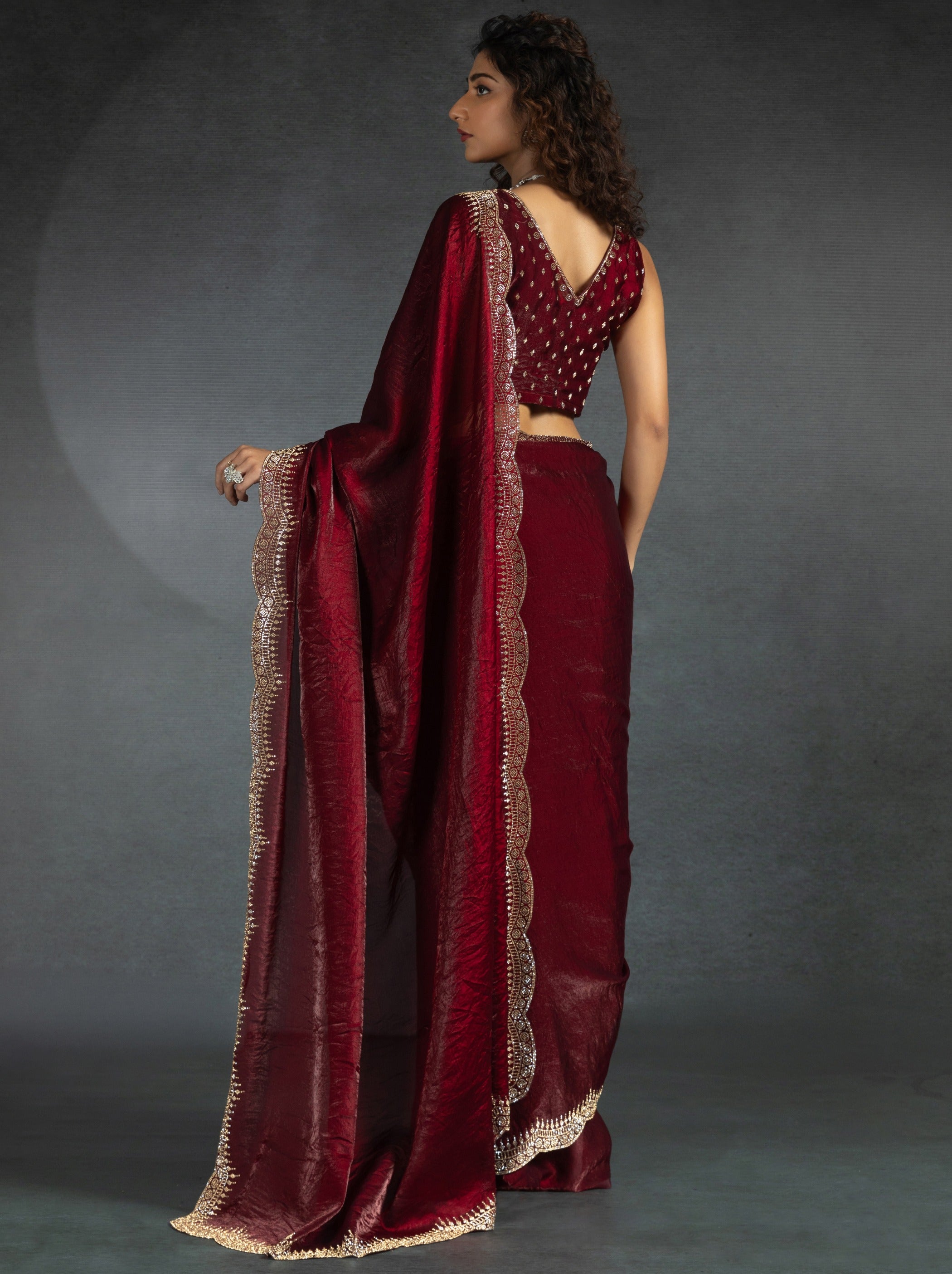 Mahogany Red Satin Silk Party Saree Embellished With Zircon Handwork On Border