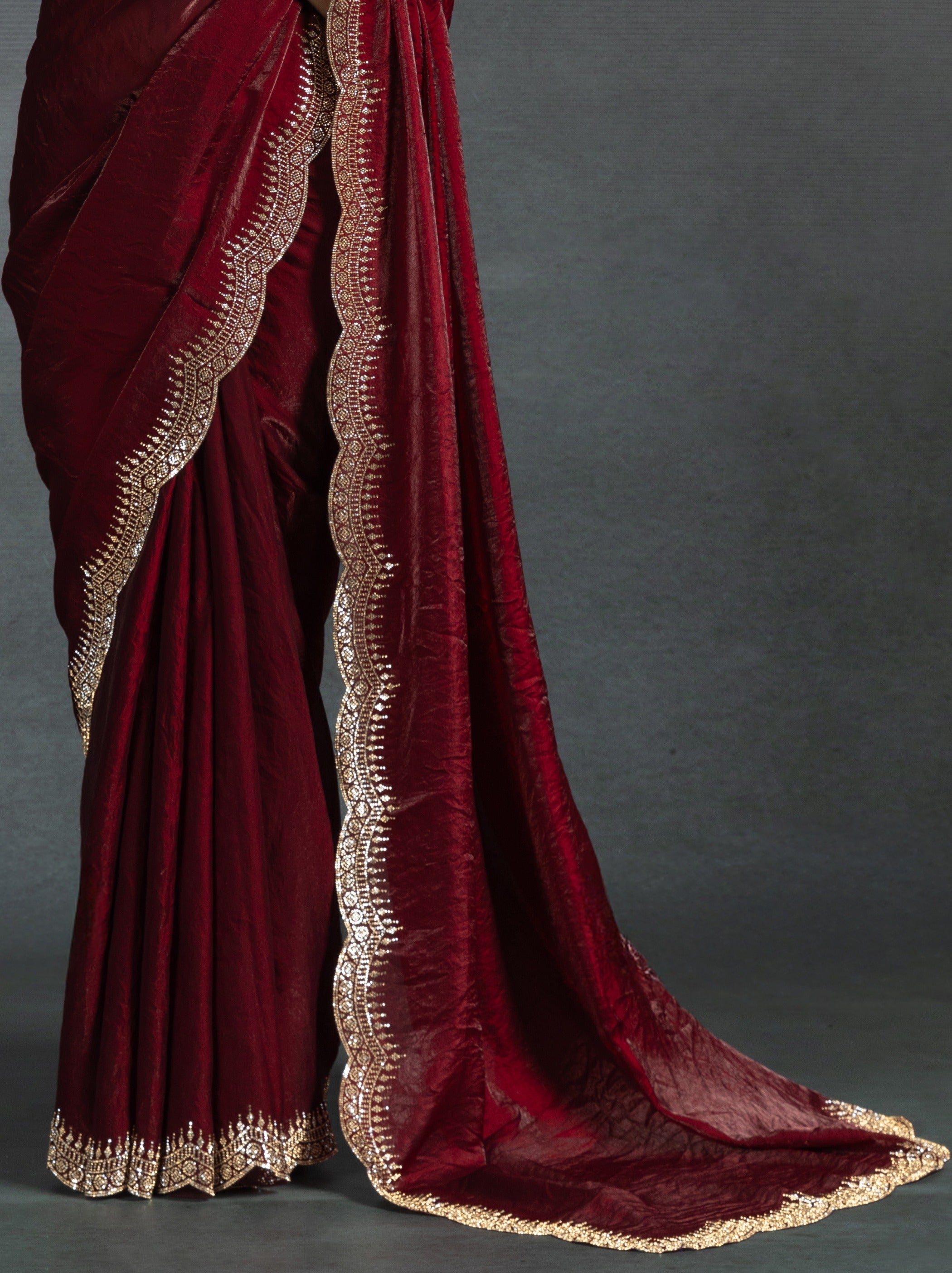 Mahogany Red Satin Silk Party Saree Embellished With Zircon Handwork On Border