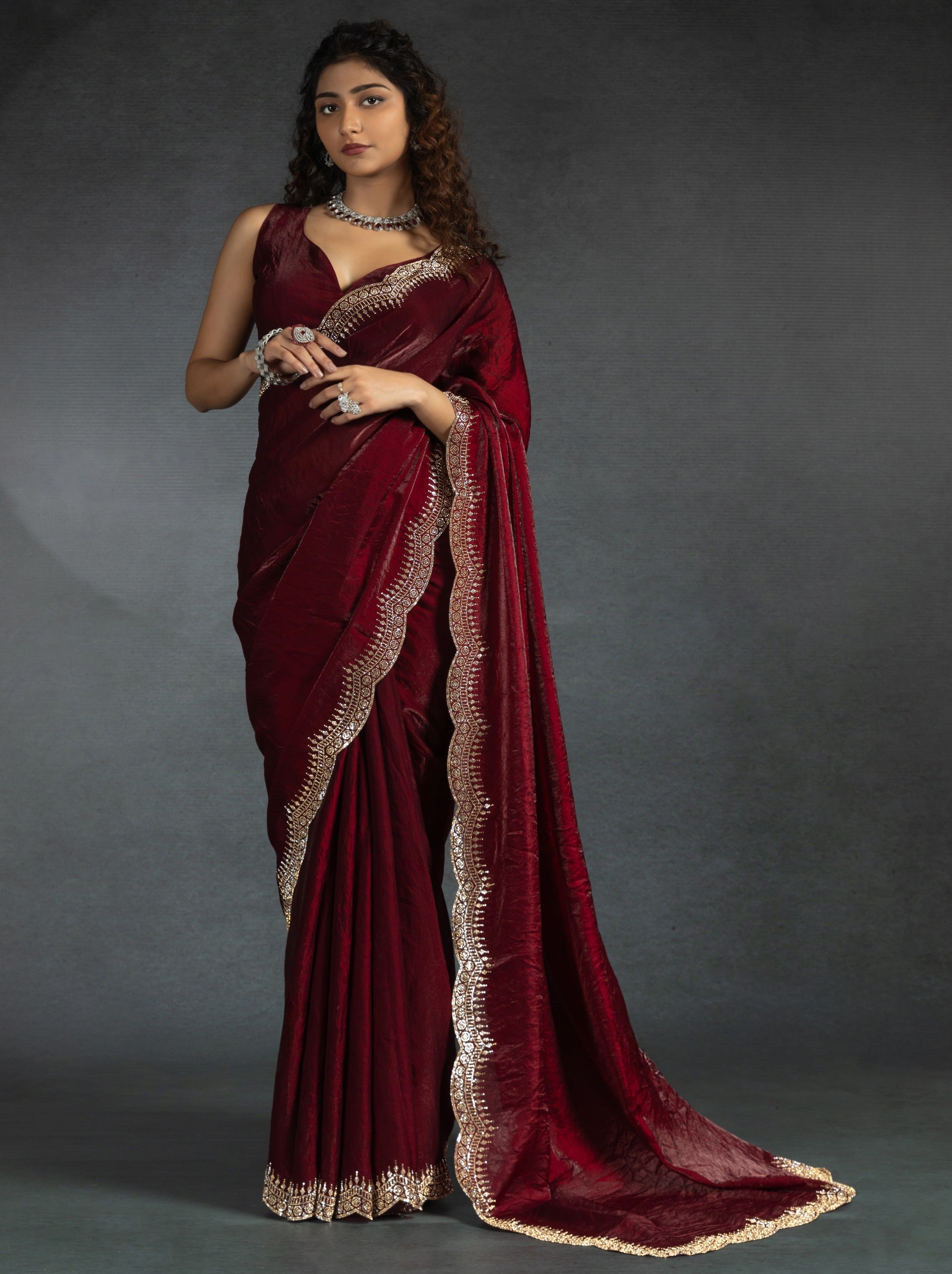 Mahogany Red Satin Silk Party Saree Embellished With Zircon Handwork On Border