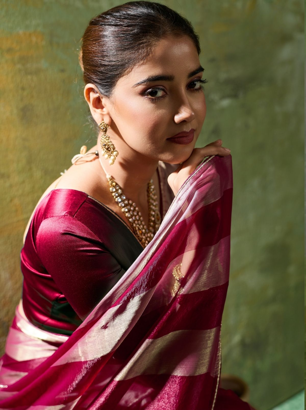 Maroon Red Premium Velvet Satin Saree With Tassel Work