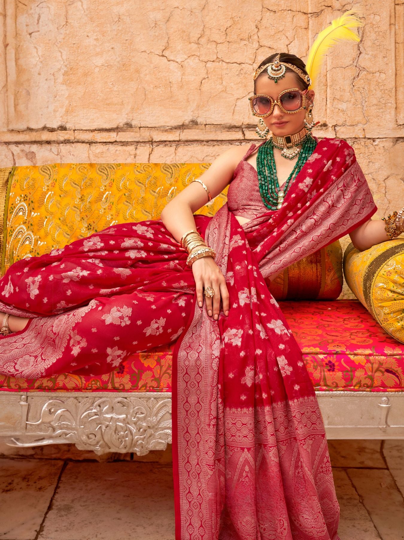 Crimson Red Festive Party Saree - TrendOye