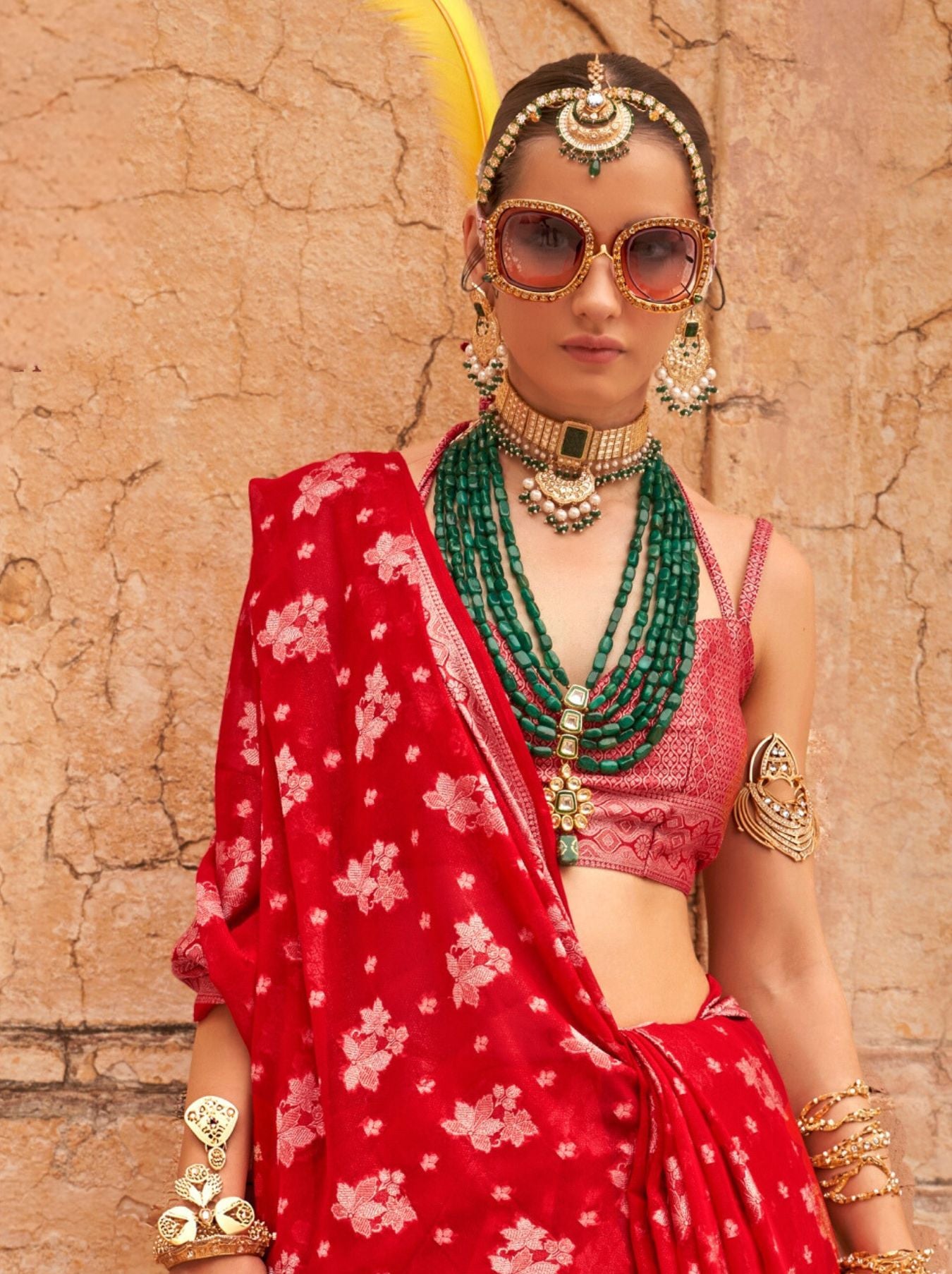 Crimson Red Festive Party Saree - TrendOye
