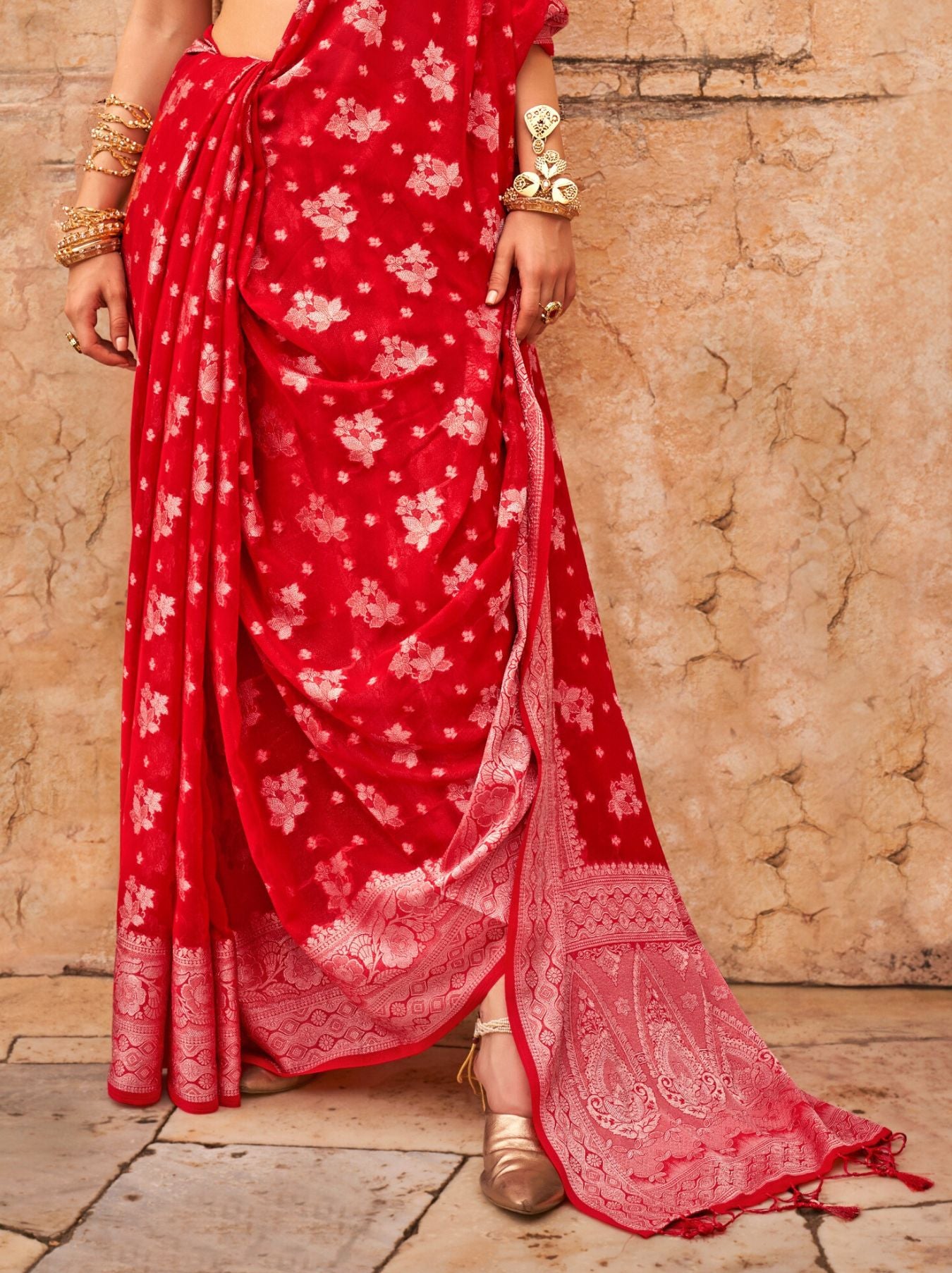 Crimson Red Festive Party Saree - TrendOye