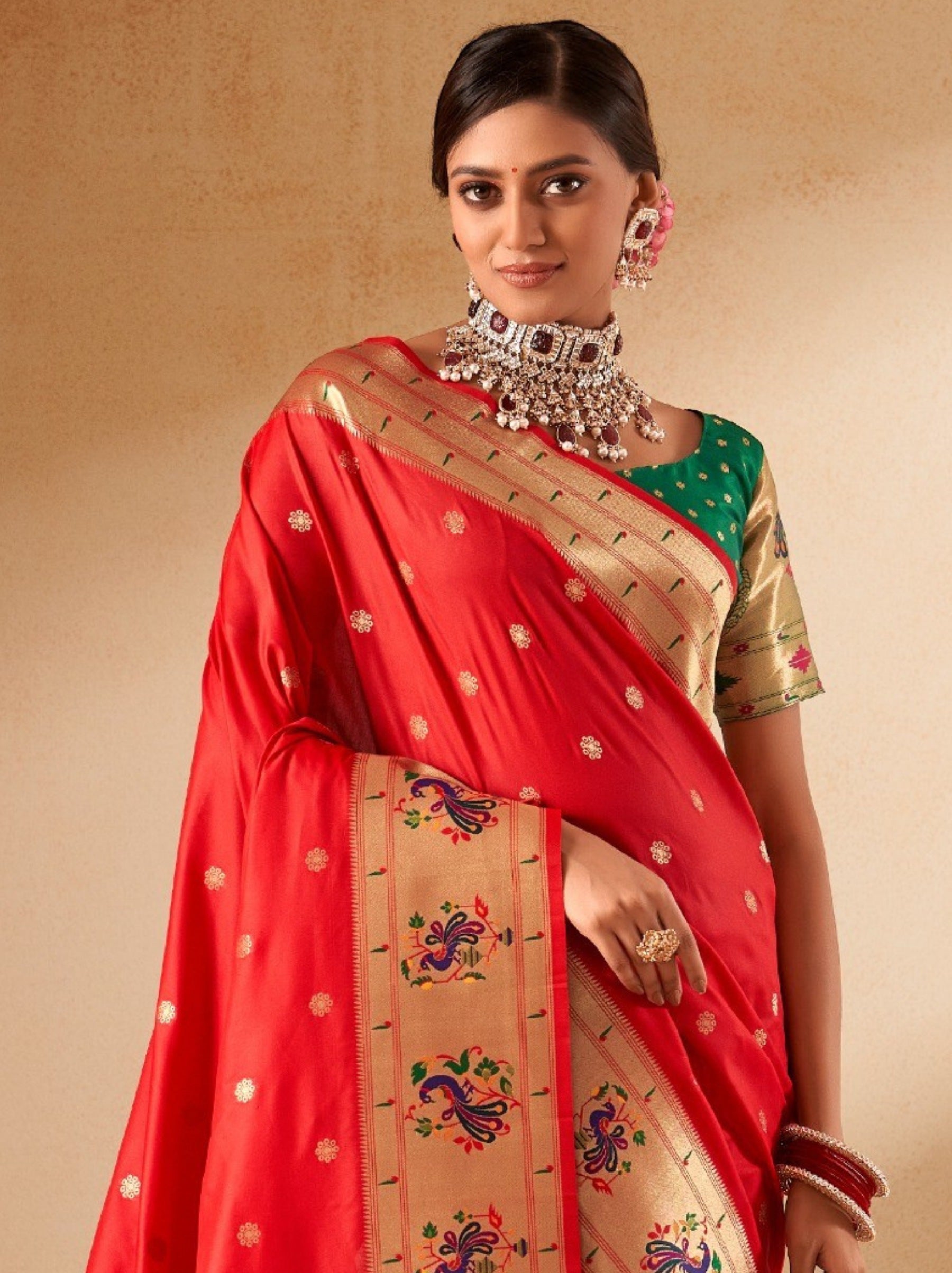 Candy Apple Red Paithani Festive Saree - TrendOye