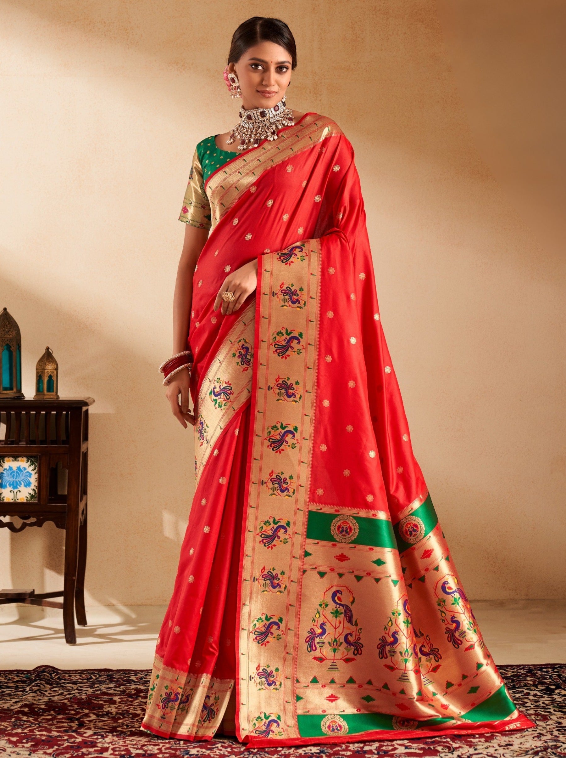 Candy Apple Red Paithani Festive Saree - TrendOye