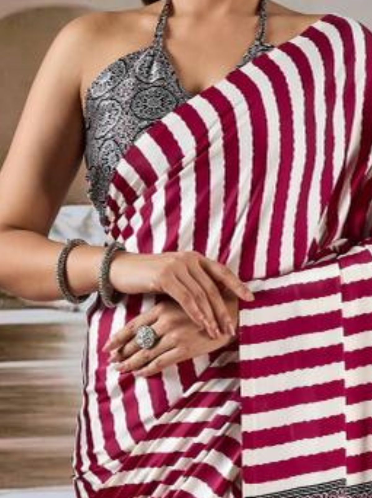 Apple Red Trendy Striped Ajrakh Print Saree With Blouse Piece - TrendOye