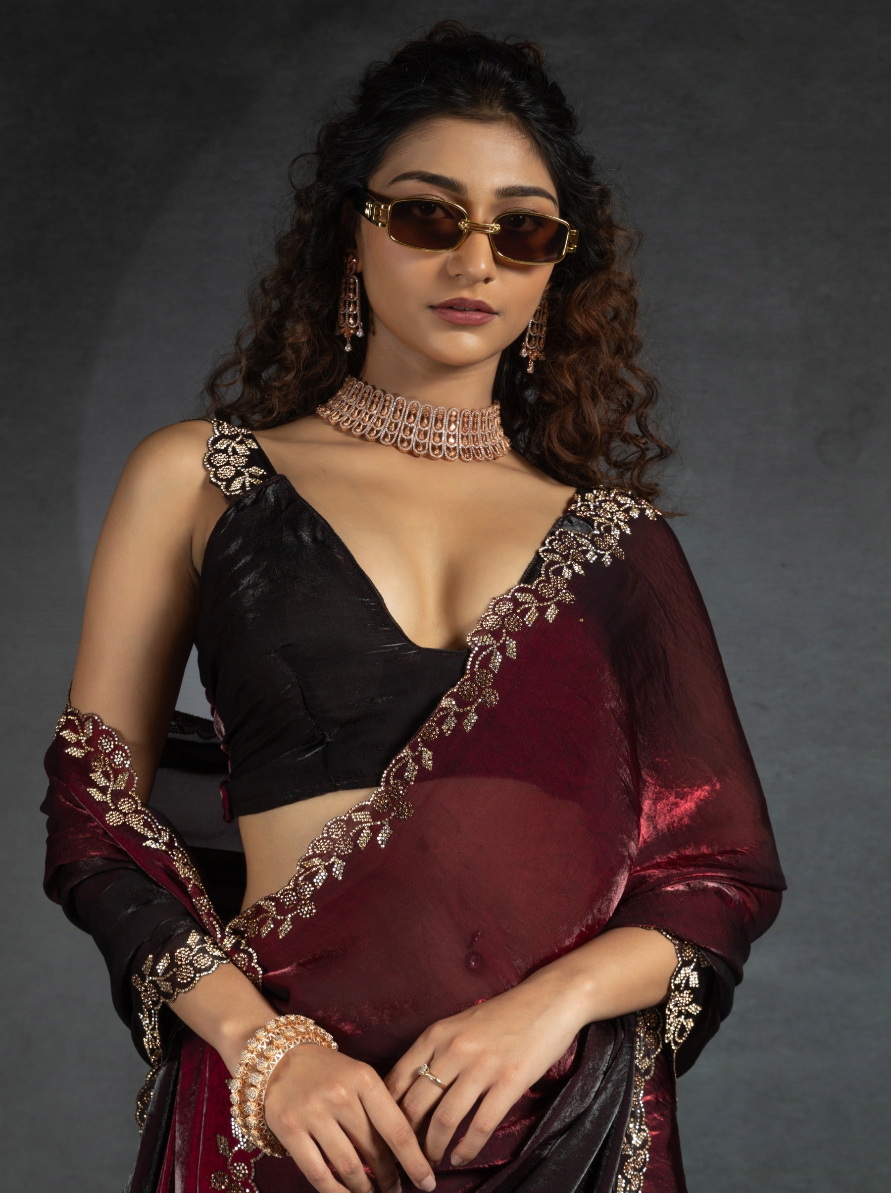 Maroon Red Satin Silk Party Saree With Blouse Piece - TrendOye