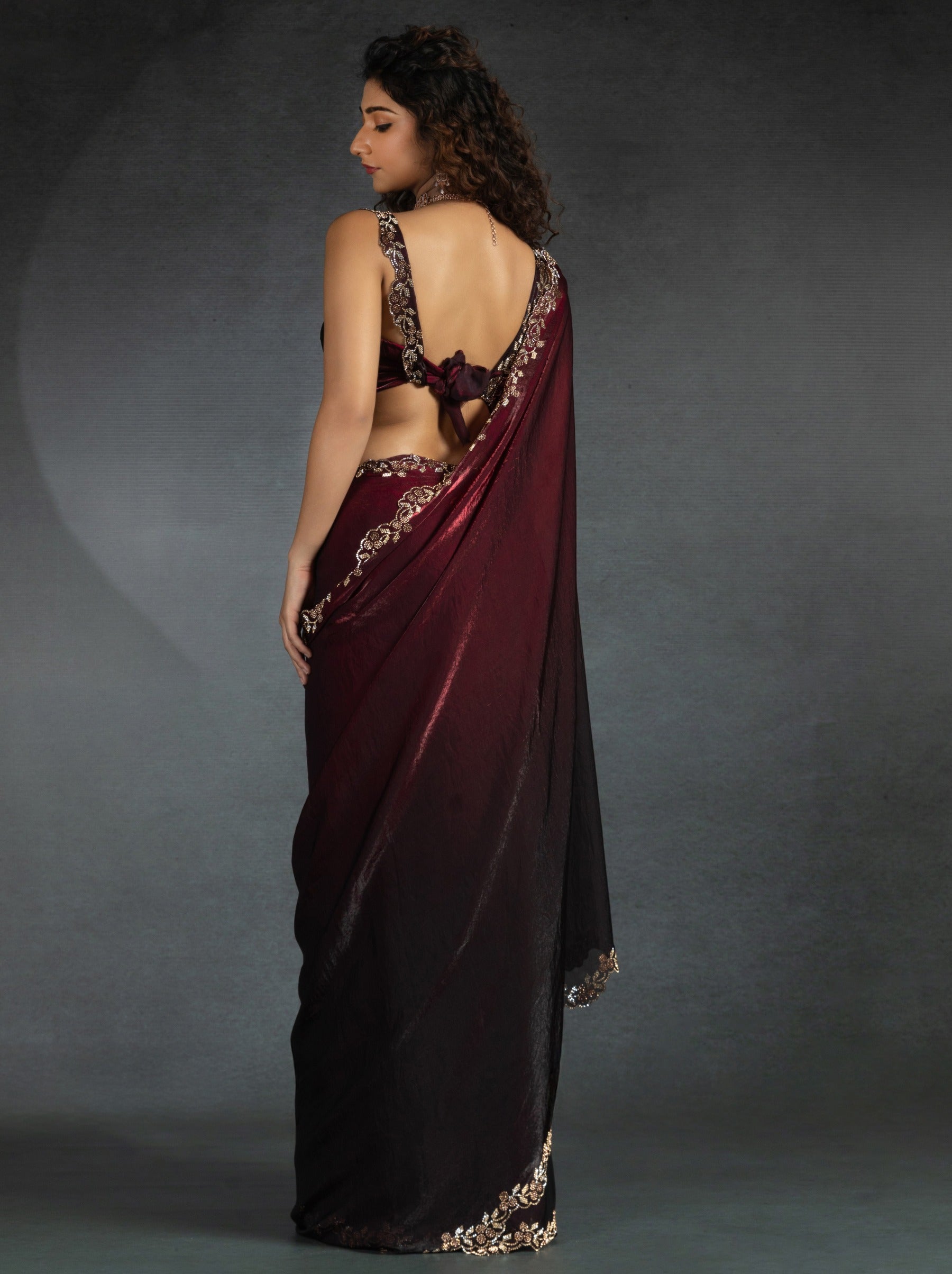 Maroon Red Satin Silk Party Saree With Blouse Piece - TrendOye