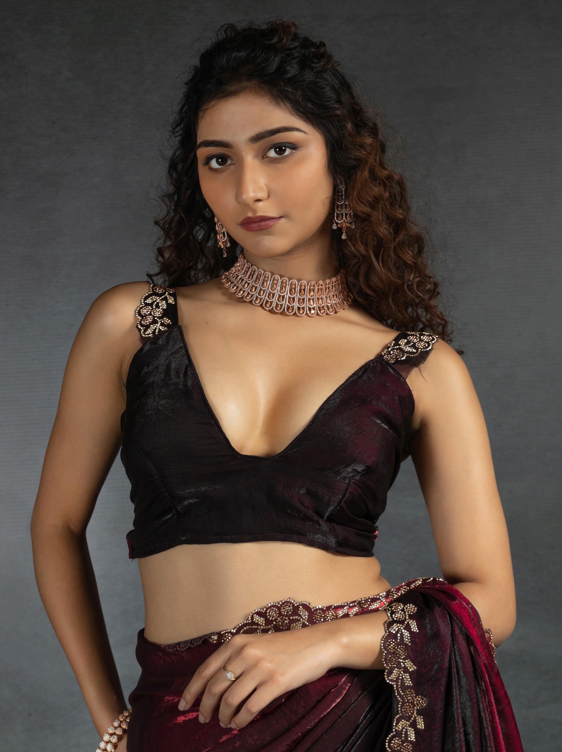 Maroon Red Satin Silk Party Saree With Blouse Piece - TrendOye