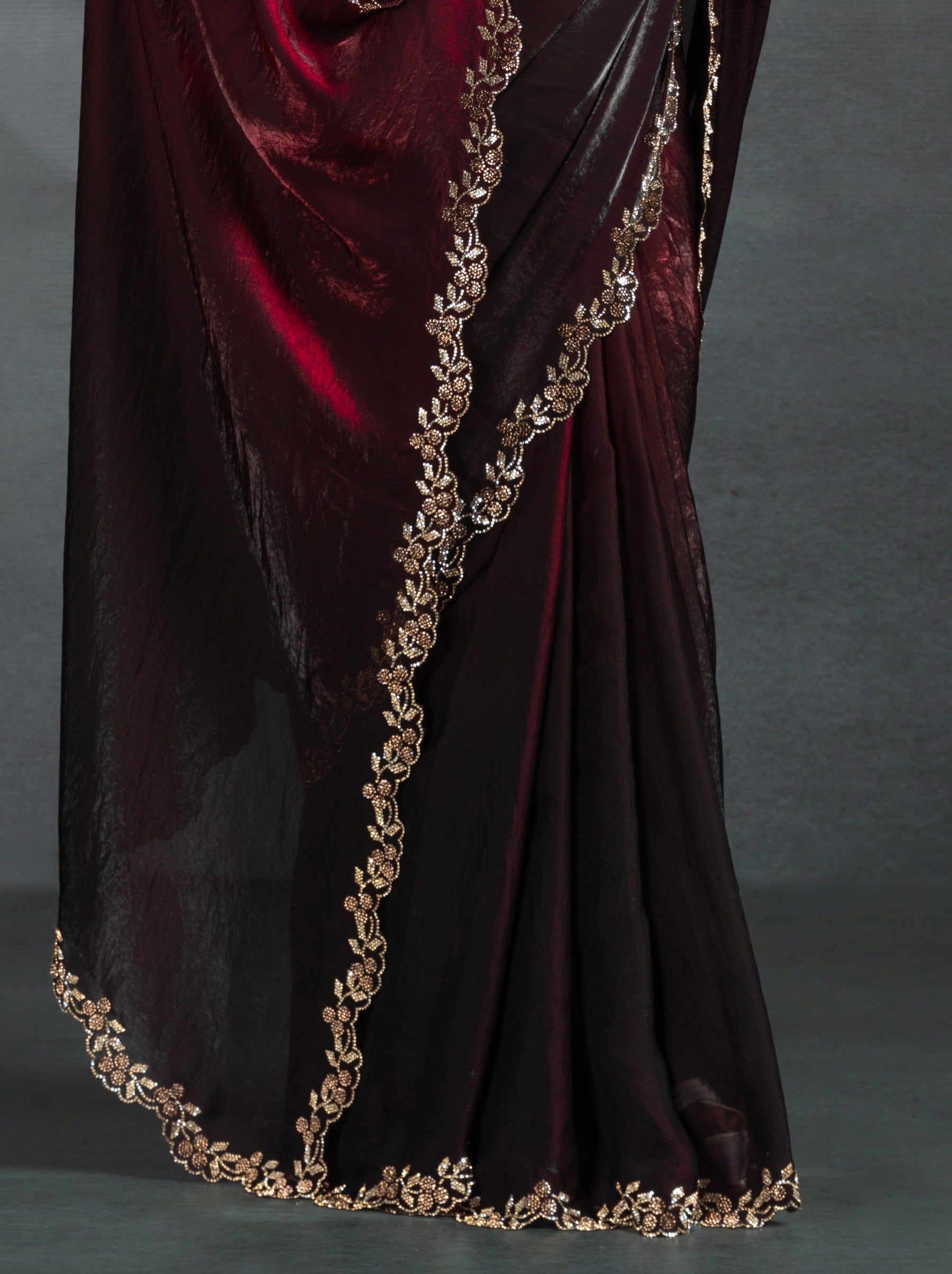 Maroon Red Satin Silk Party Saree With Blouse Piece - TrendOye