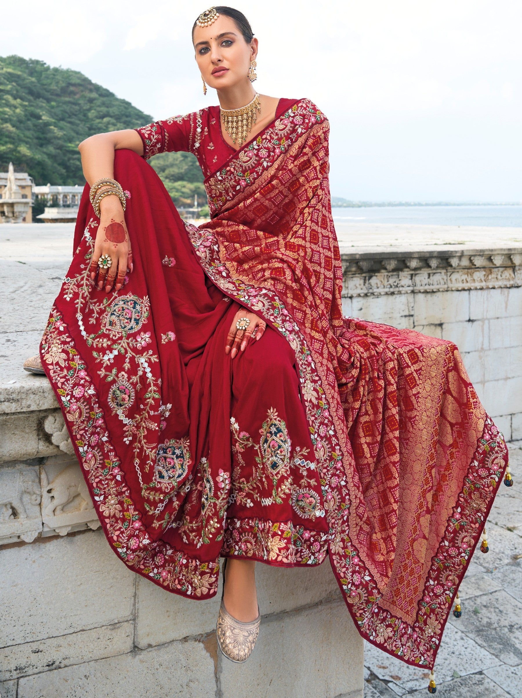 Burgundy Red Wedding Designer Saree - TrendOye