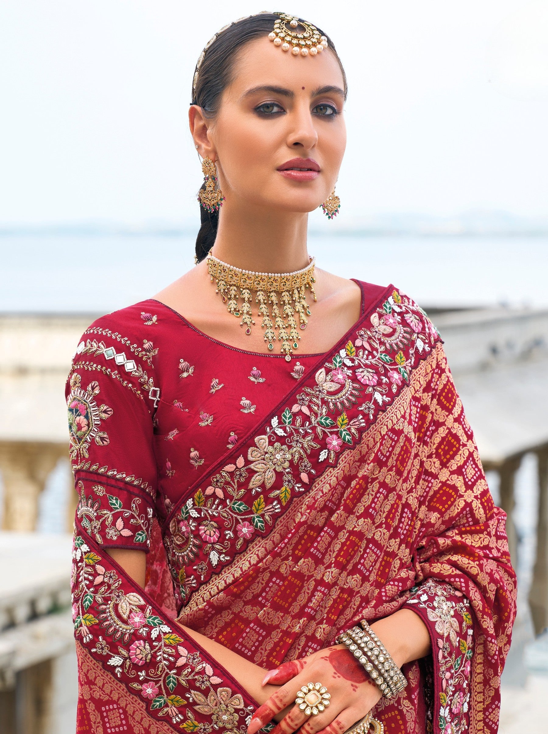 Burgundy Red Wedding Designer Saree - TrendOye