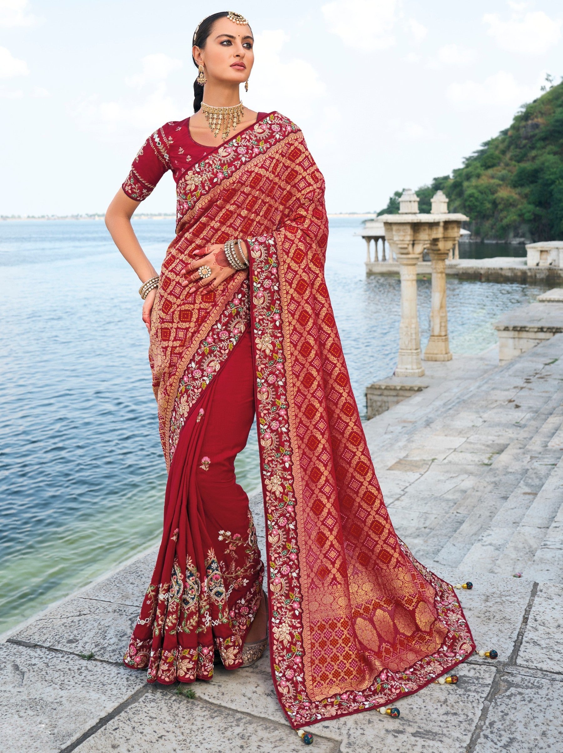 Burgundy Red Wedding Designer Saree - TrendOye