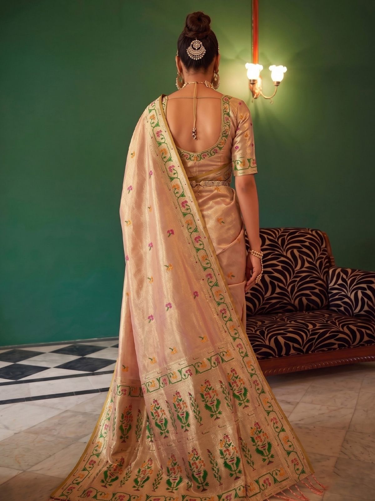 Rose Gold Opulent Tissue Silk Saree with Soft Gold Zari Work