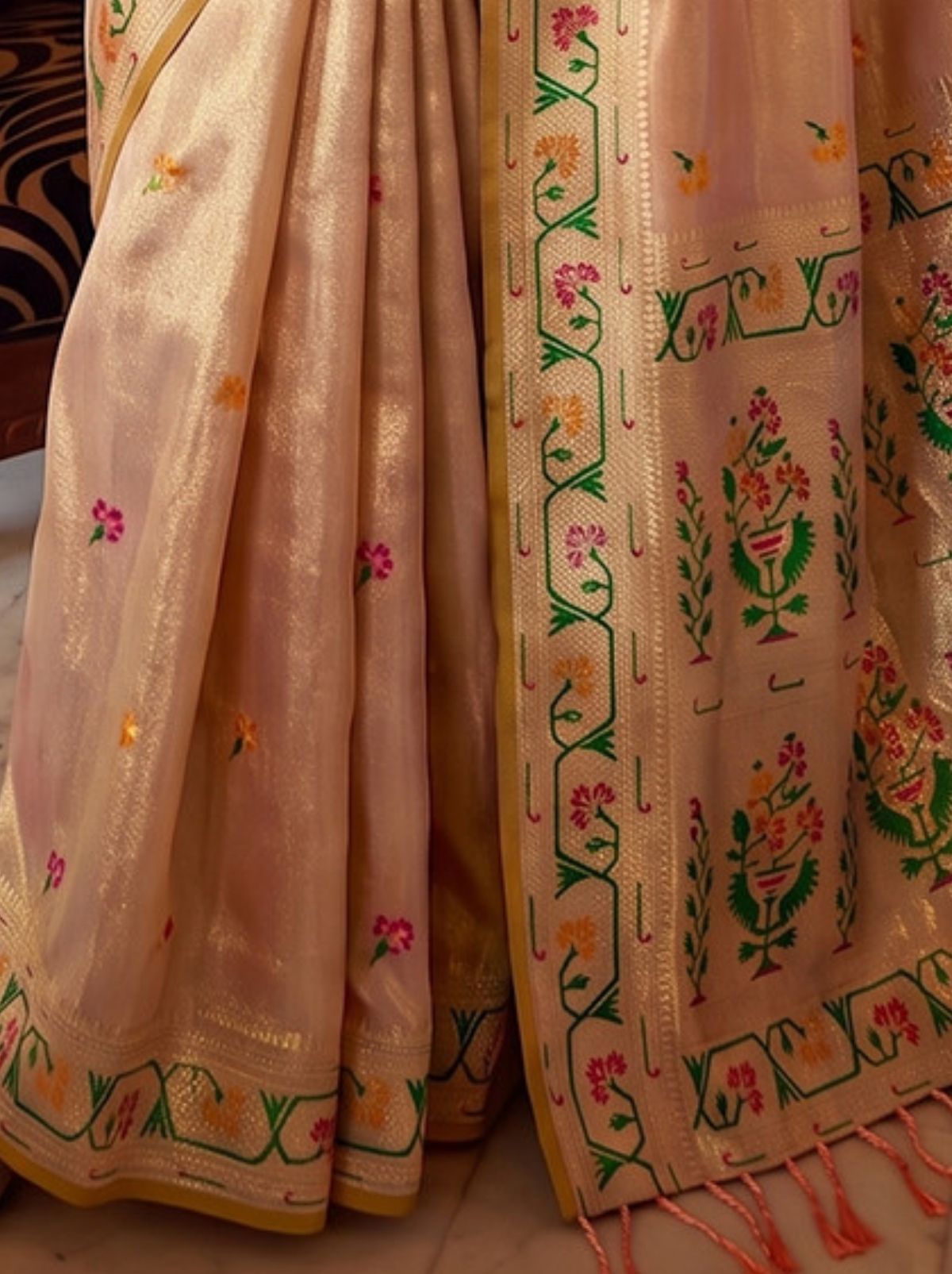 Rose Gold Opulent Tissue Silk Saree with Soft Gold Zari Work