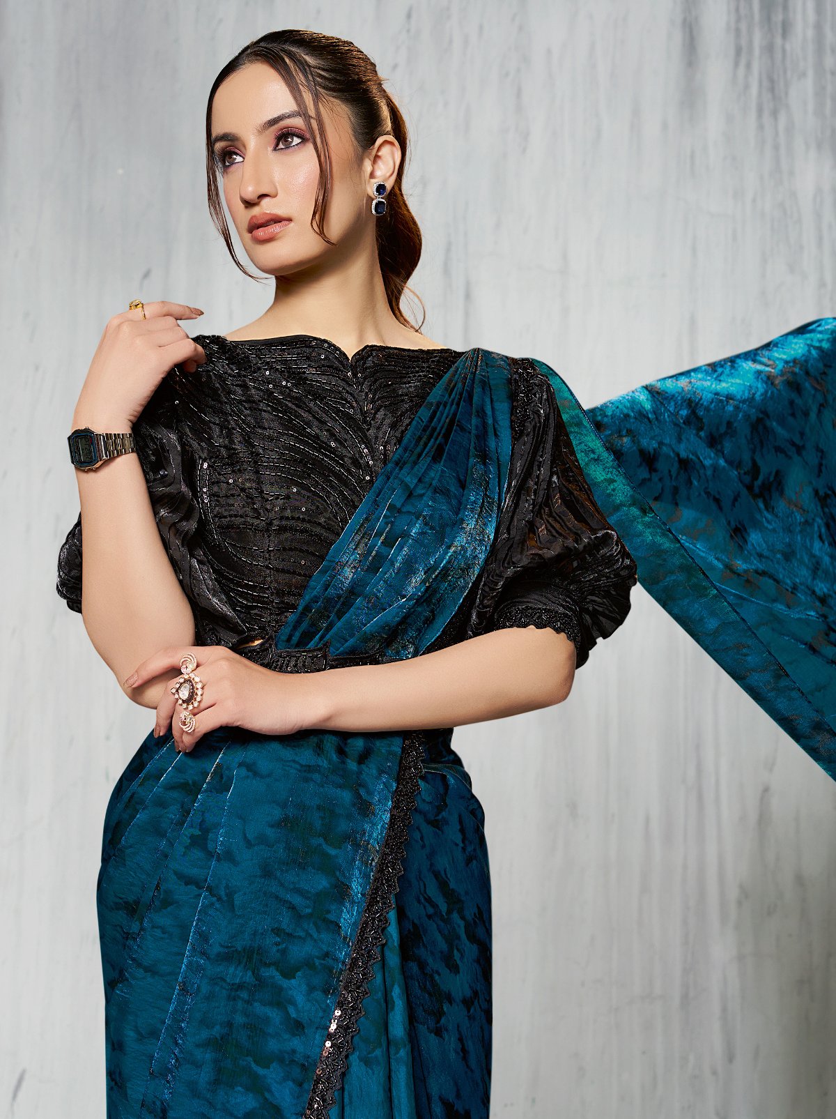 Royal Blue Dual Tone Ready To Wear Satin Saree With Trendy Blouse