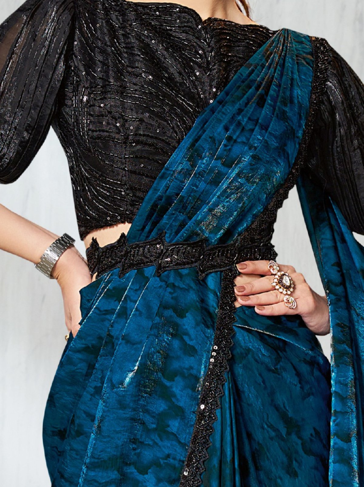 Royal Blue Dual Tone Ready To Wear Satin Saree With Trendy Blouse