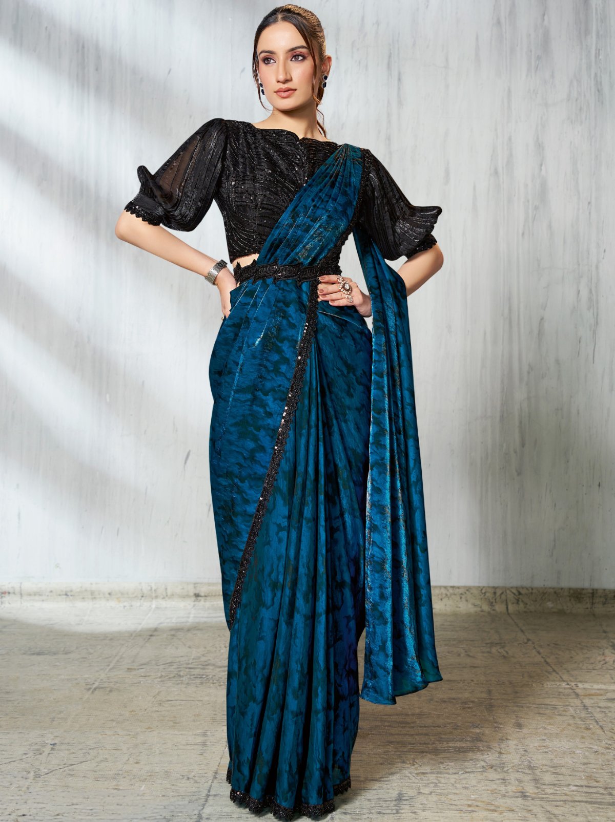 Royal Blue Dual Tone Ready To Wear Satin Saree With Trendy Blouse