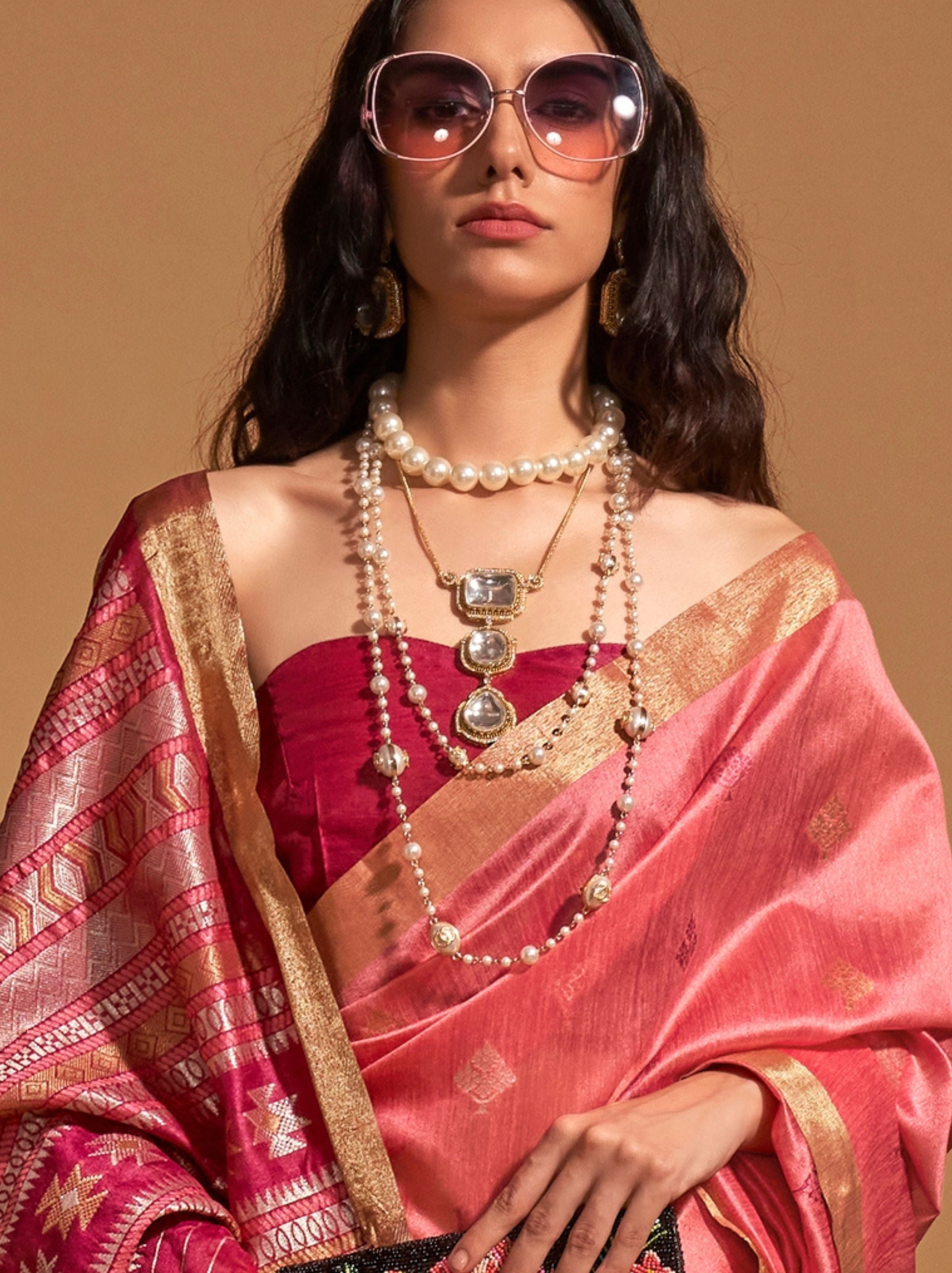 Creamy Pink Designer Silk Blended Saree - TrendOye